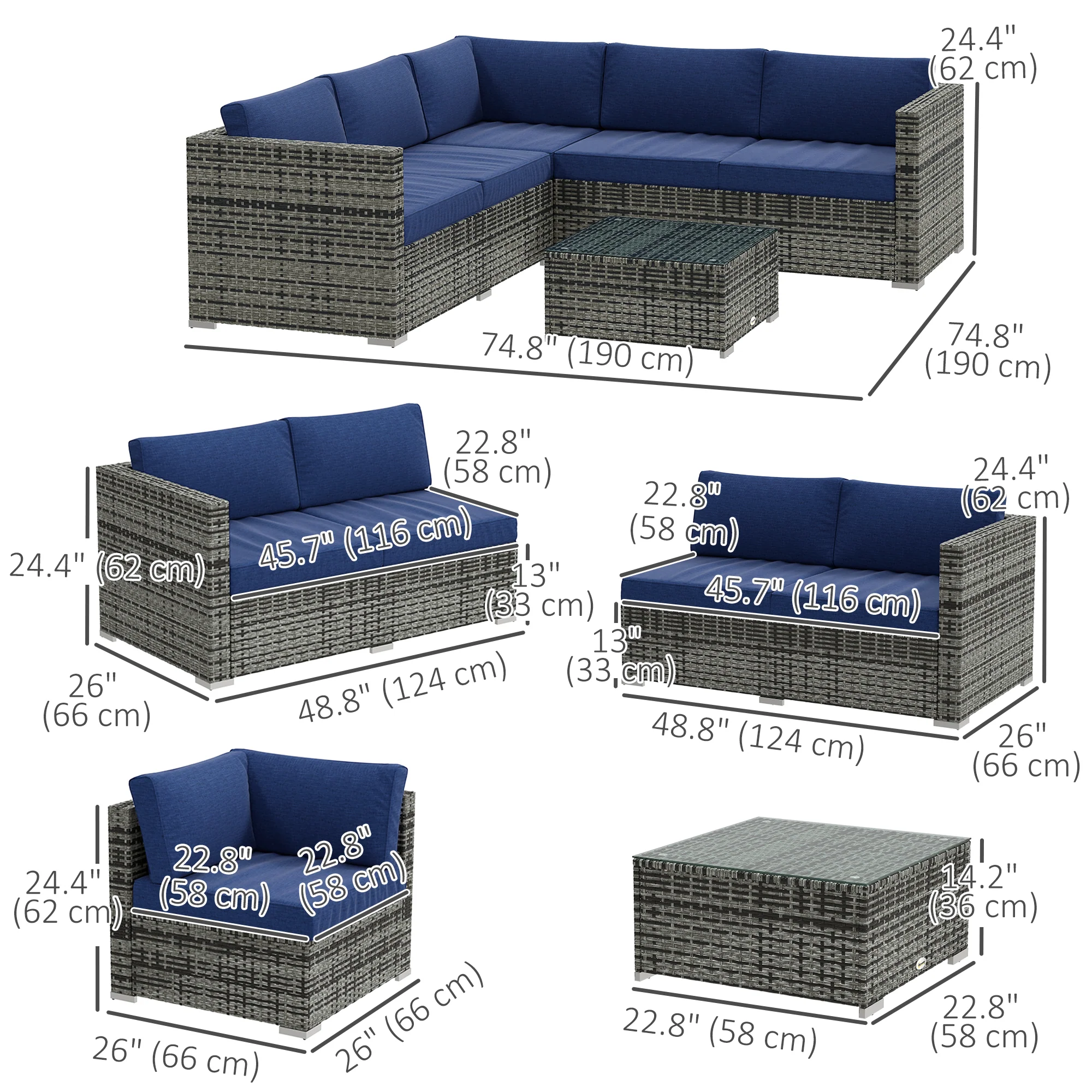 4-Piece Rattan Patio Conversation Set with Corner Sofa, 2 Loveseats & Coffee Table, Navy Blue - Image 5