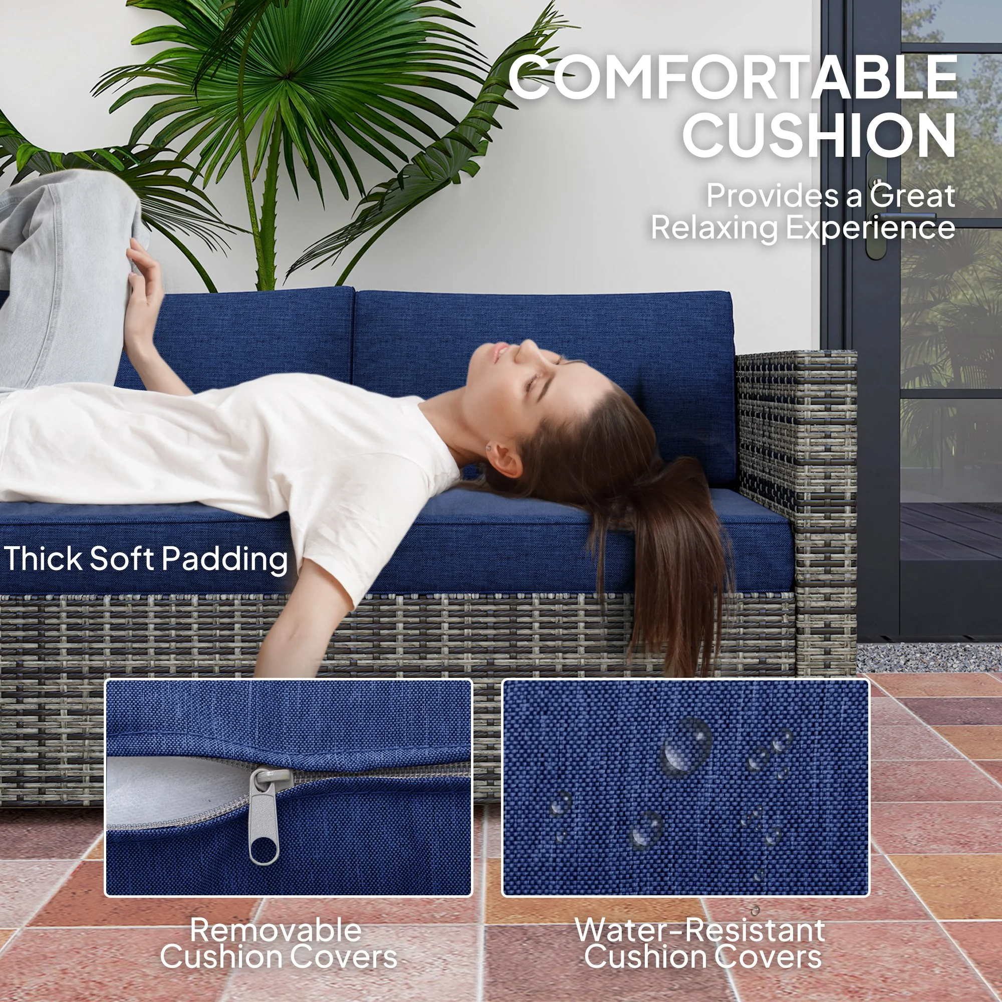 4-Piece Rattan Patio Conversation Set with Corner Sofa, 2 Loveseats & Coffee Table, Navy Blue - Image 7