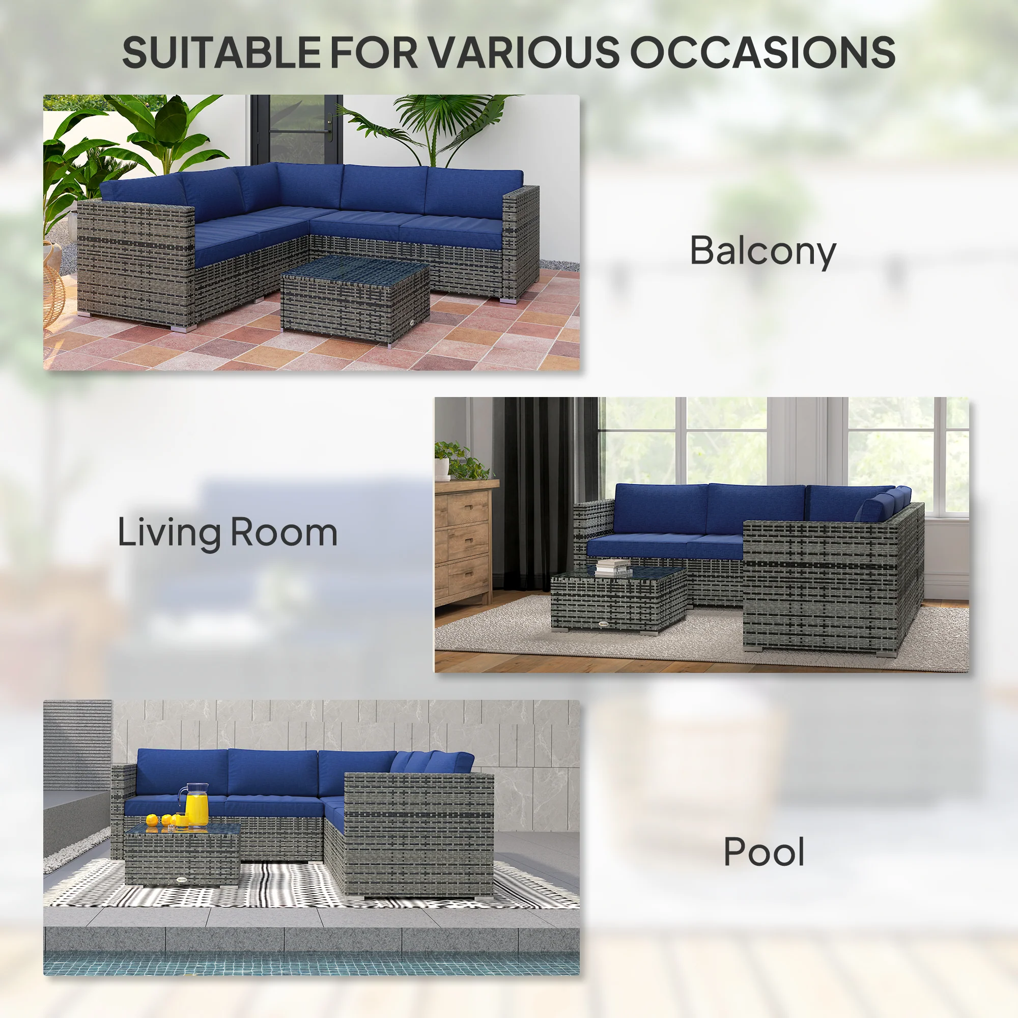 4-Piece Rattan Patio Conversation Set with Corner Sofa, 2 Loveseats & Coffee Table, Navy Blue - Image 9