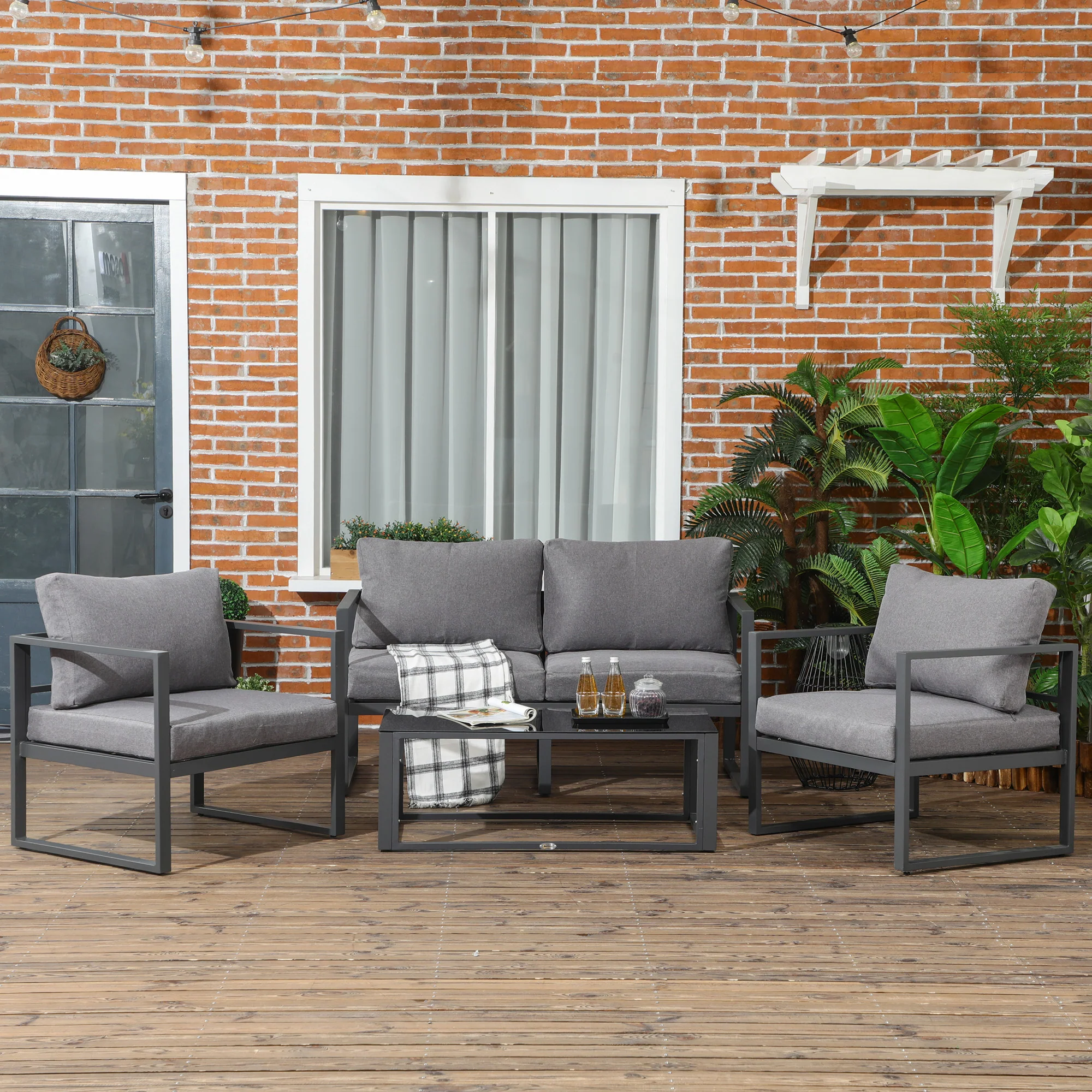 4 Pieces Aluminium Frame Garden Sofa Set w/ Bench, 2 Single Armchair & Side Table, Grey - Image 3