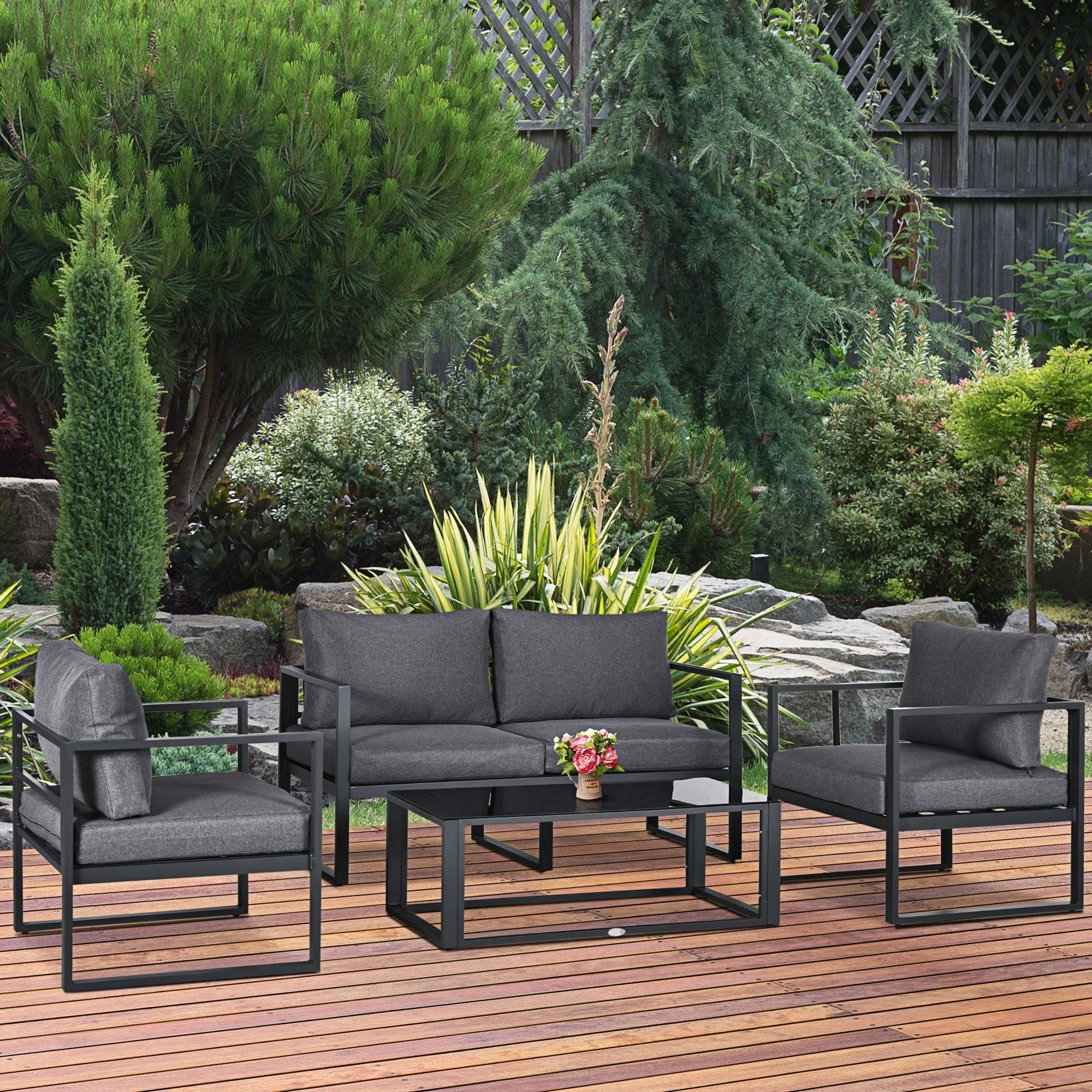 4 Pieces Aluminium Frame Garden Sofa Set w/ Bench, 2 Single Armchair & Side Table, Grey - Image 4