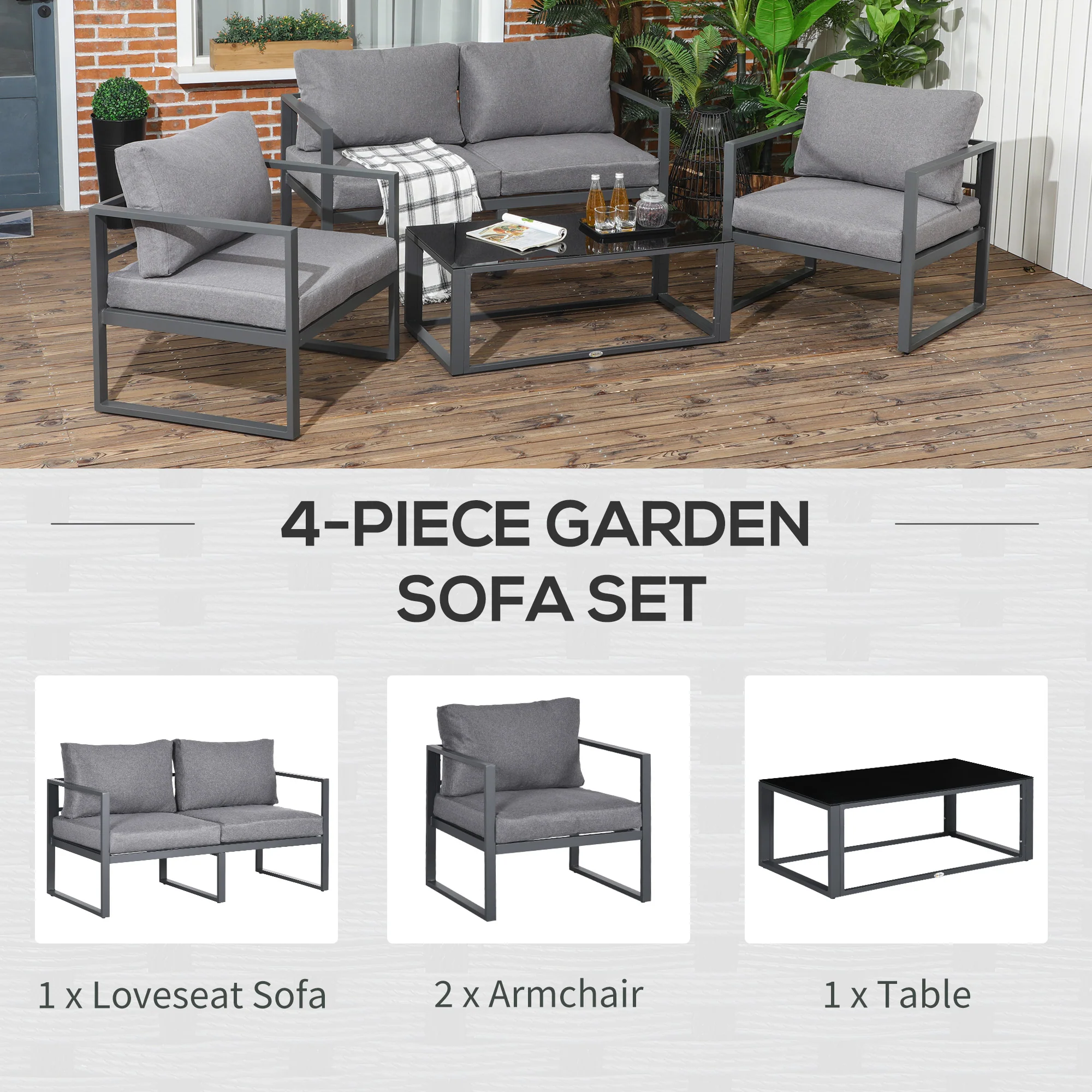 4 Pieces Aluminium Frame Garden Sofa Set w/ Bench, 2 Single Armchair & Side Table, Grey - Image 6