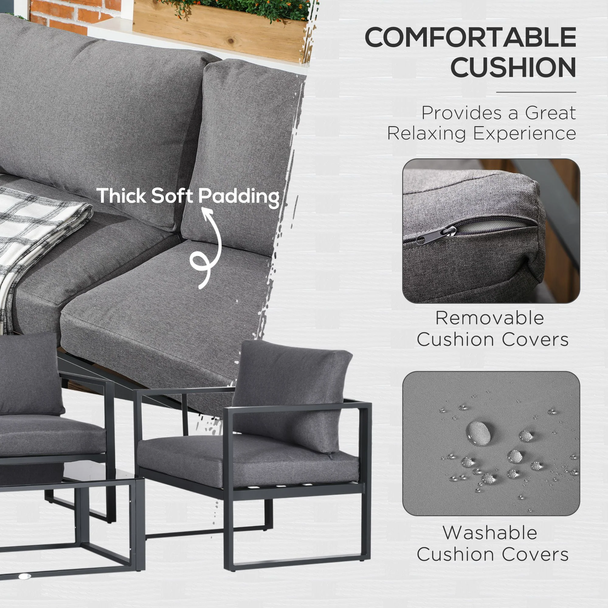 4 Pieces Aluminium Frame Garden Sofa Set w/ Bench, 2 Single Armchair & Side Table, Grey - Image 7