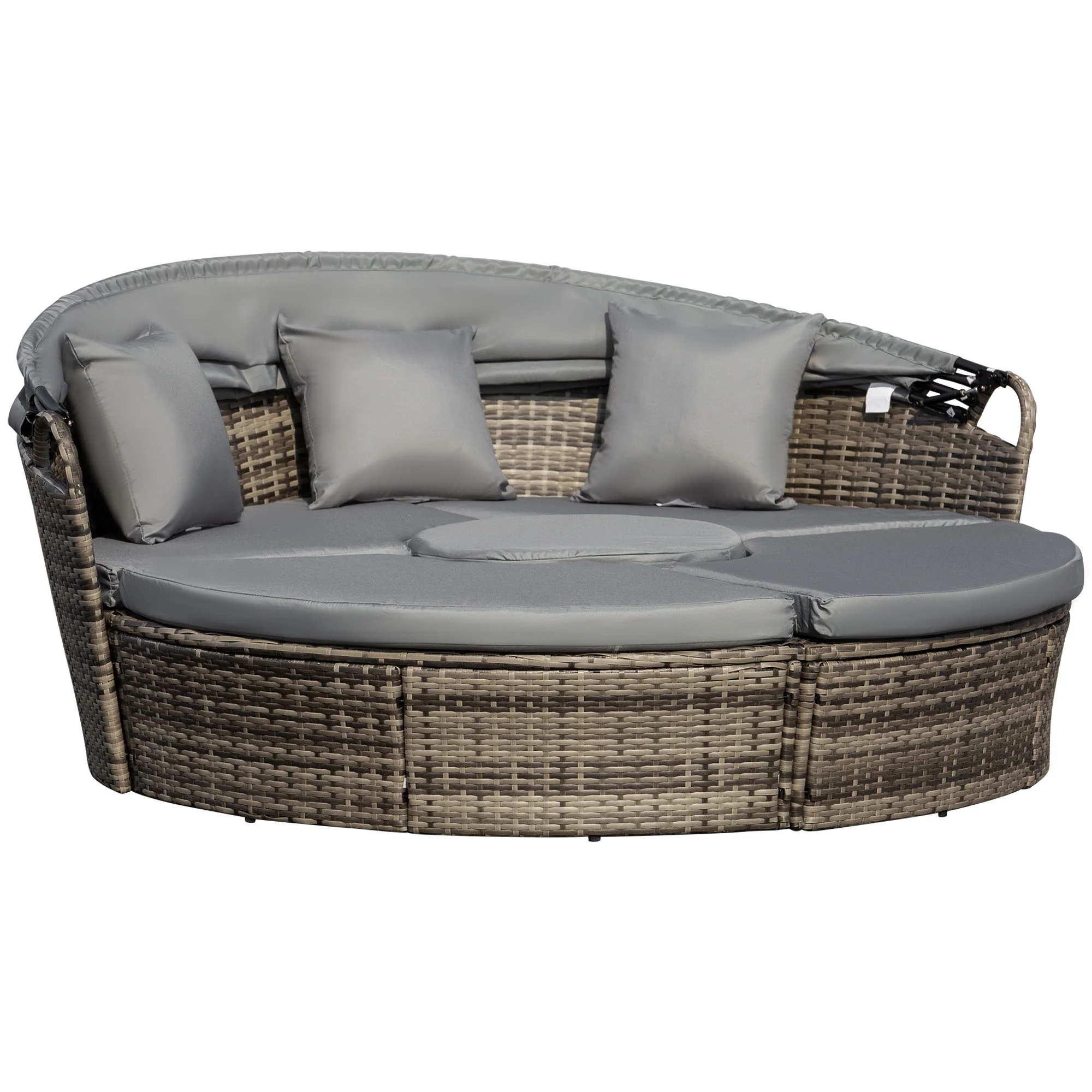 4-piece Round Outdoor Daybed with Retractable Canopy, PE Rattan Wicker Chair, Grey