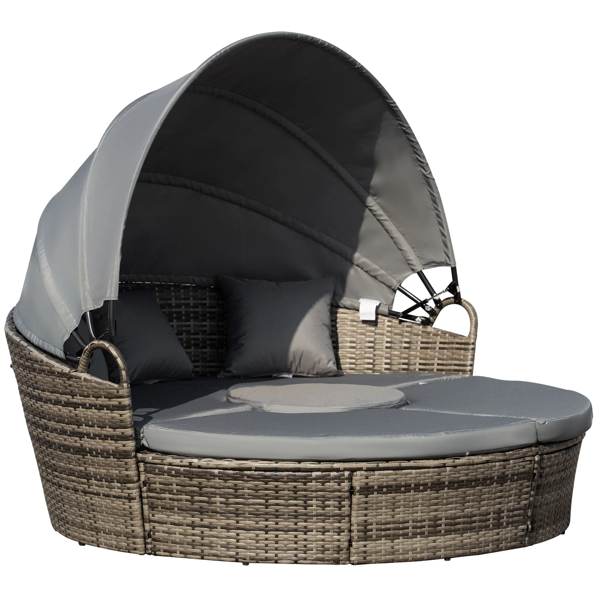 4-piece Round Outdoor Daybed with Retractable Canopy, PE Rattan Wicker Chair, Grey - Image 2