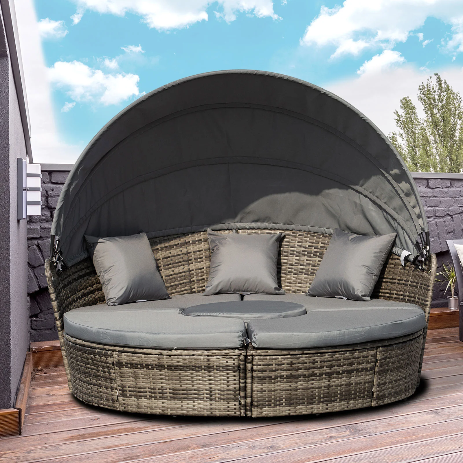 4-piece Round Outdoor Daybed with Retractable Canopy, PE Rattan Wicker Chair, Grey - Image 4