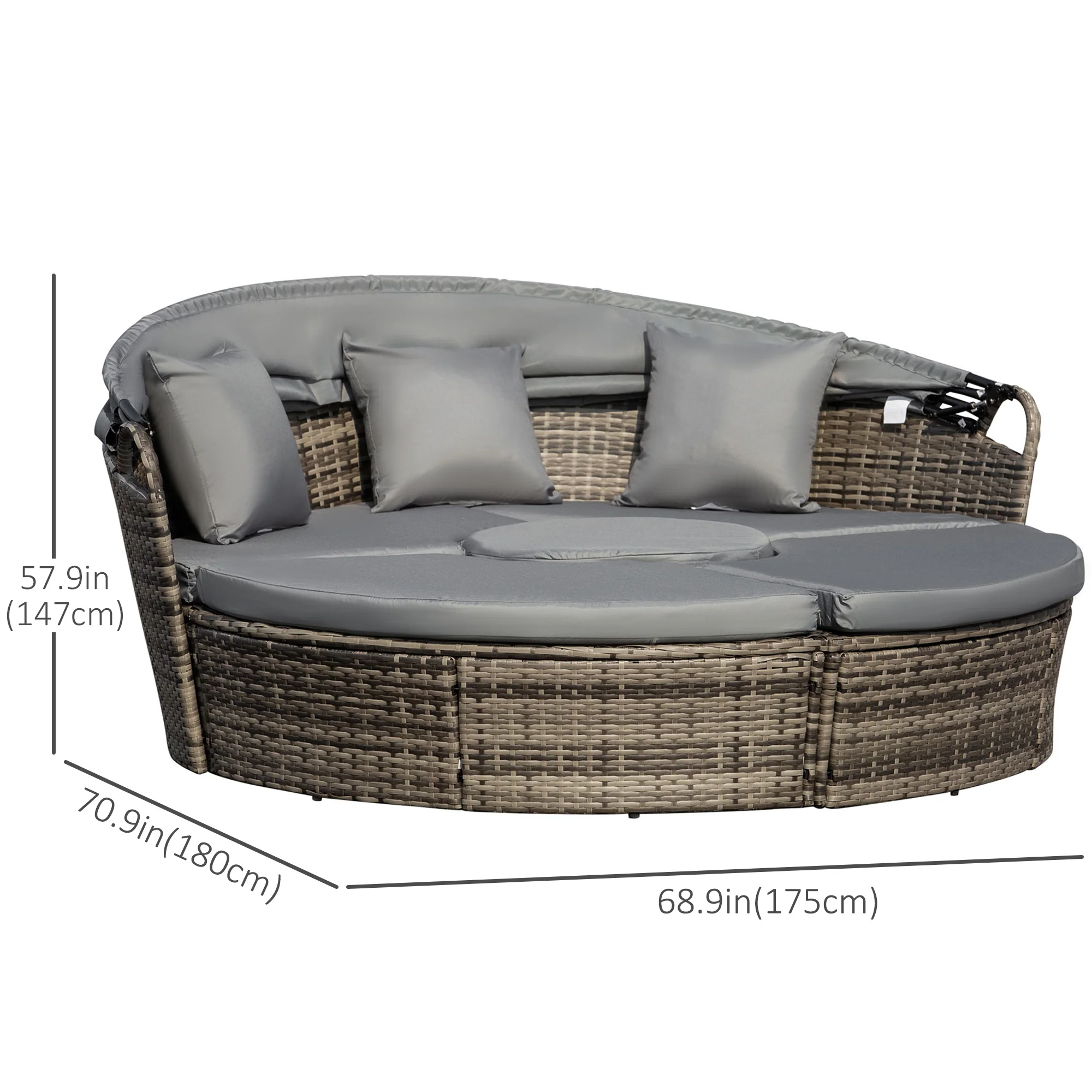 4-piece Round Outdoor Daybed with Retractable Canopy, PE Rattan Wicker Chair, Grey - Image 5