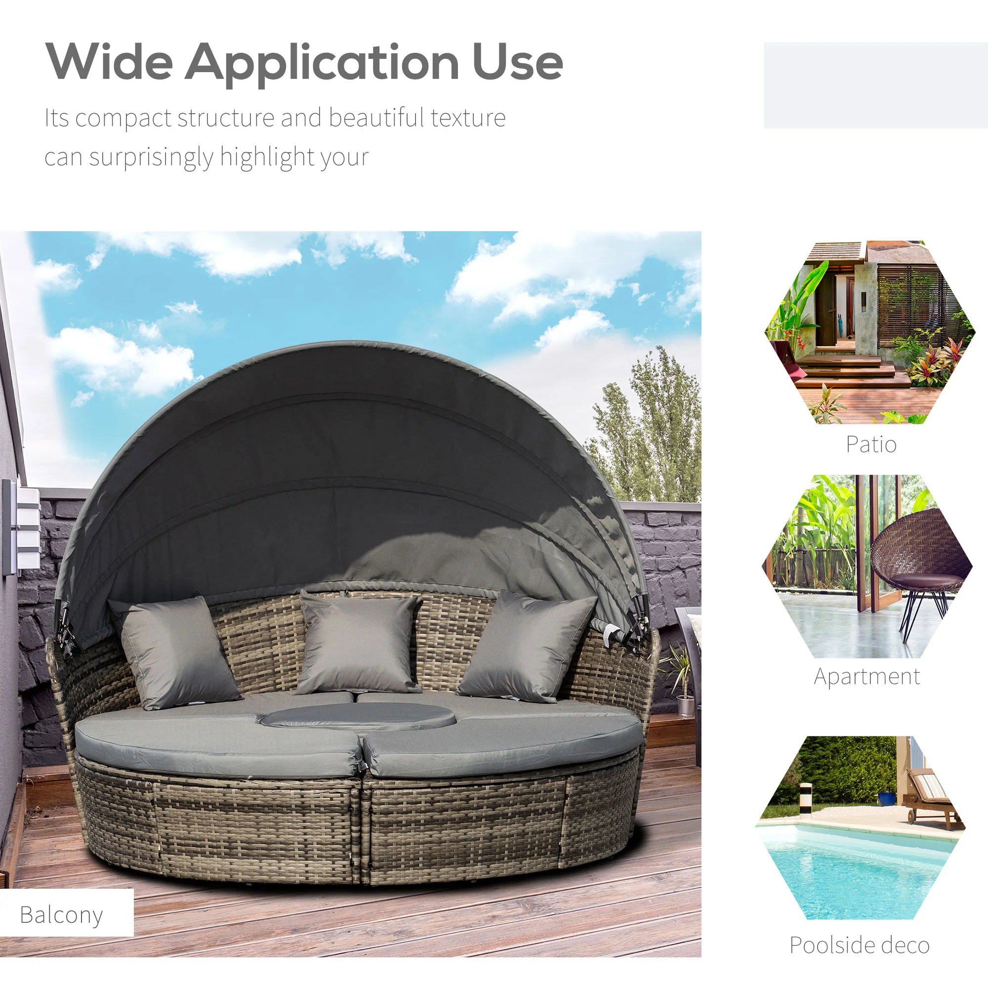4-piece Round Outdoor Daybed with Retractable Canopy, PE Rattan Wicker Chair, Grey - Image 8