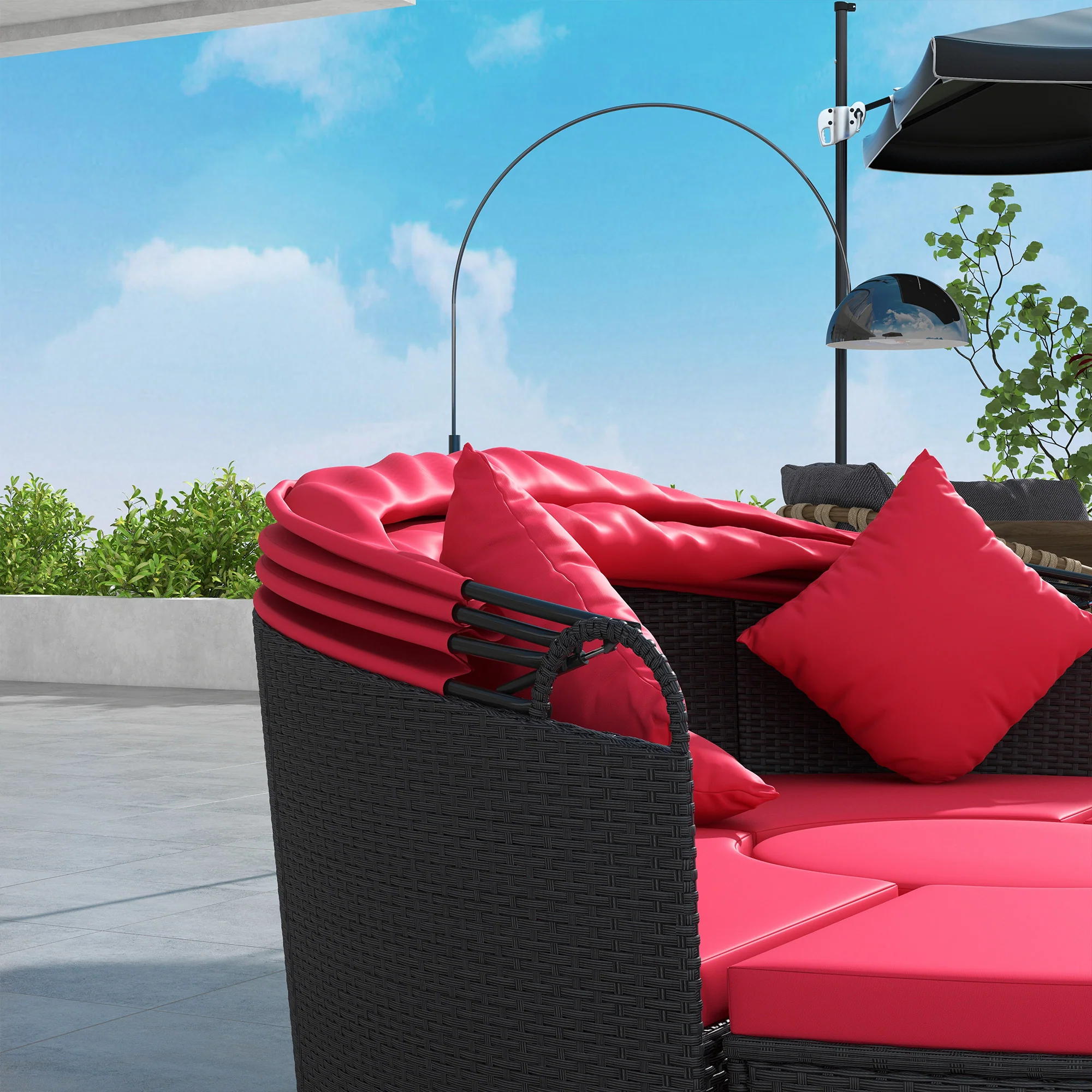 4-piece Round Outdoor Daybed with Retractable Canopy, PE Rattan Wicker Chair, Red - Image 10