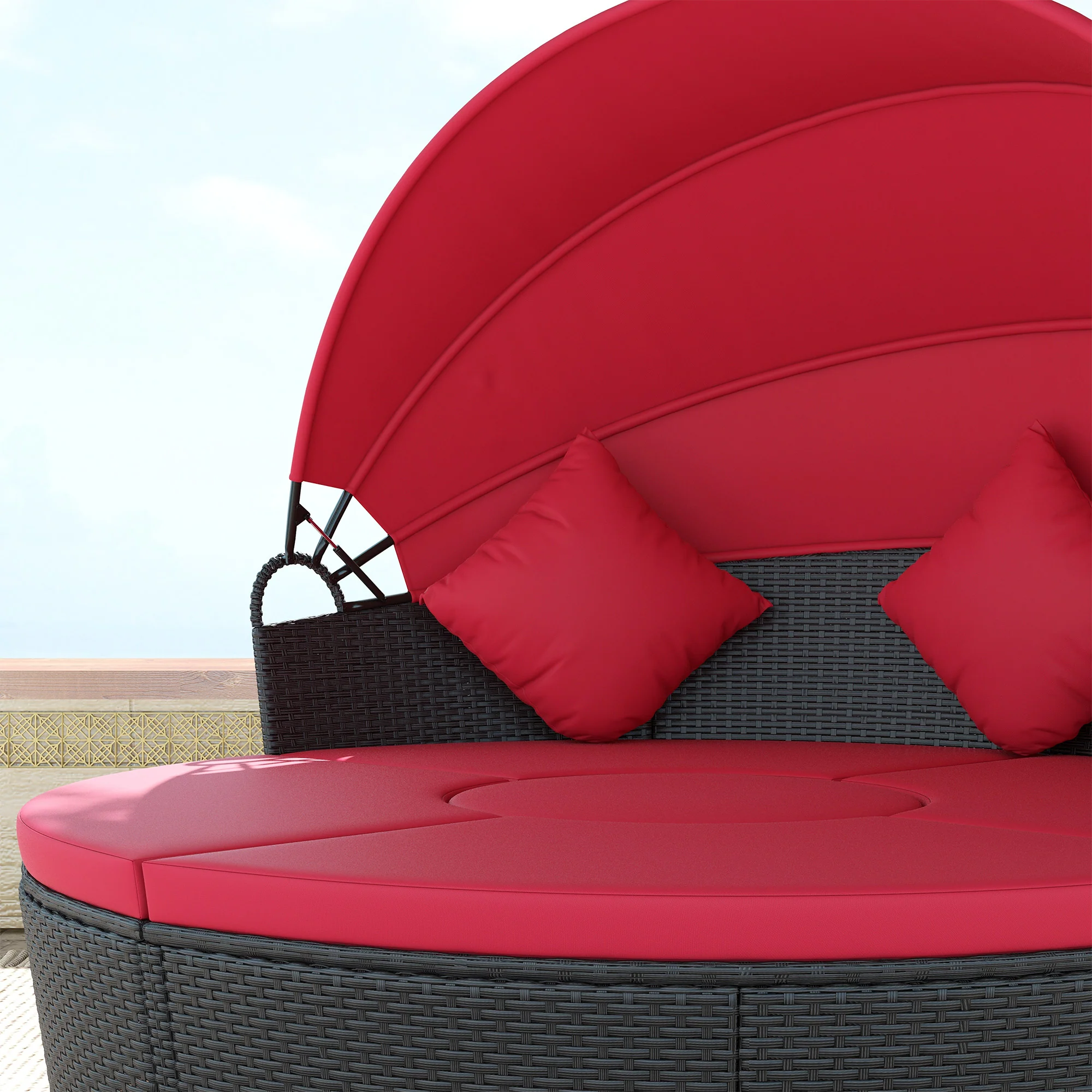 4-piece Round Outdoor Daybed with Retractable Canopy, PE Rattan Wicker Chair, Red - Image 11