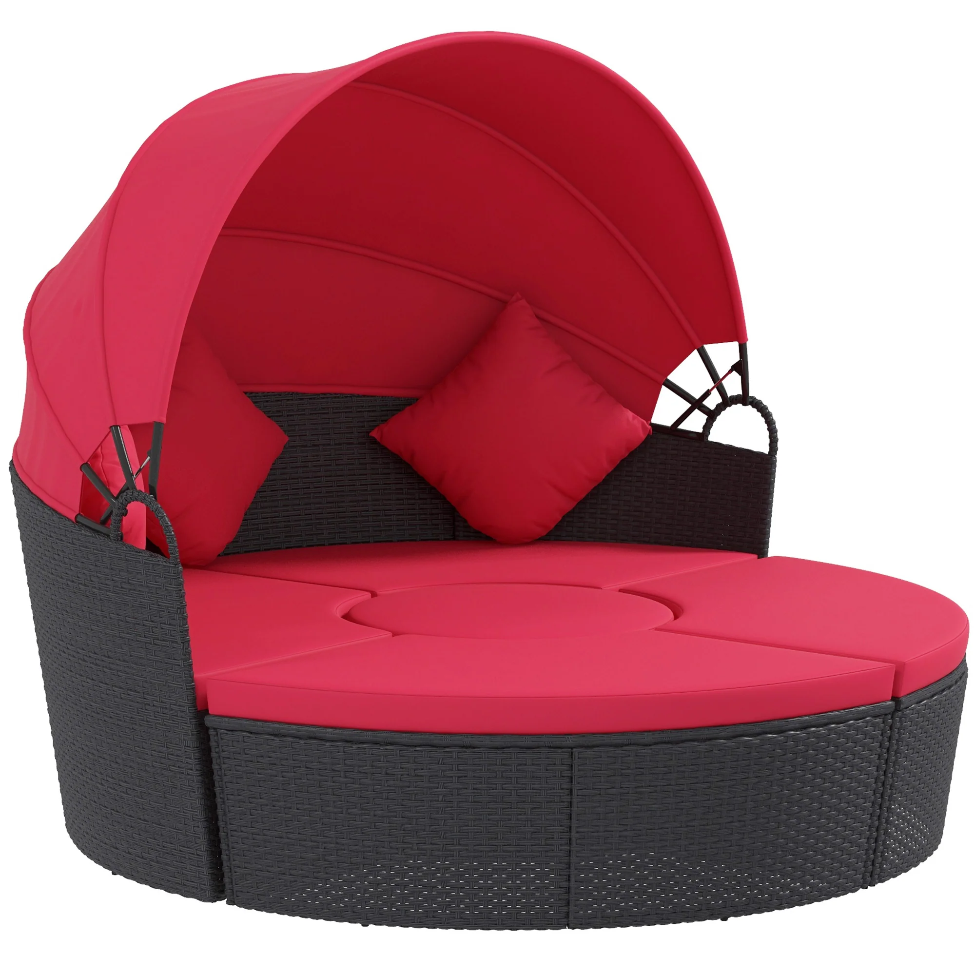 4-piece Round Outdoor Daybed with Retractable Canopy, PE Rattan Wicker Chair, Red - Image 12