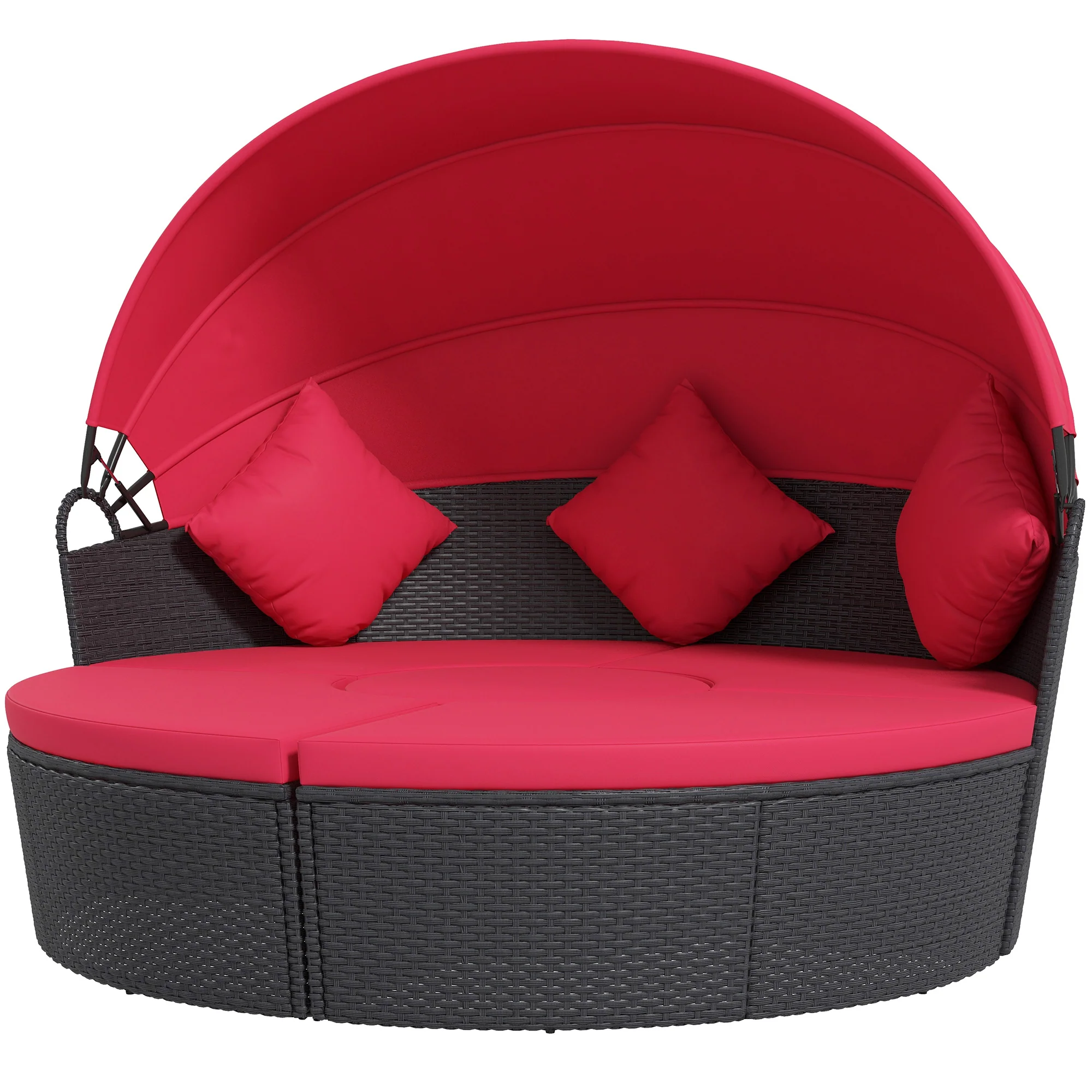 4-piece Round Outdoor Daybed with Retractable Canopy, PE Rattan Wicker Chair, Red - Image 2