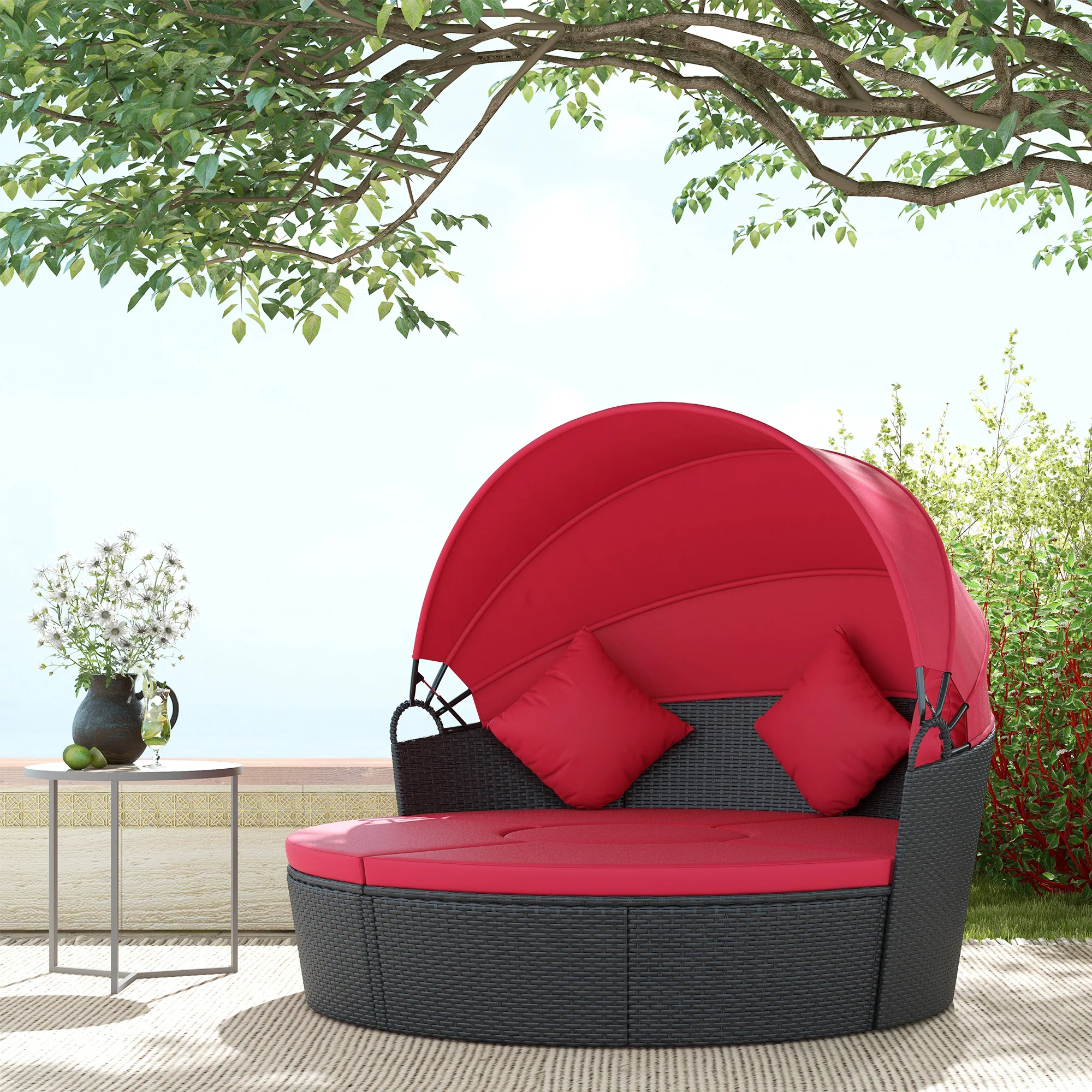 4-piece Round Outdoor Daybed with Retractable Canopy, PE Rattan Wicker Chair, Red - Image 3