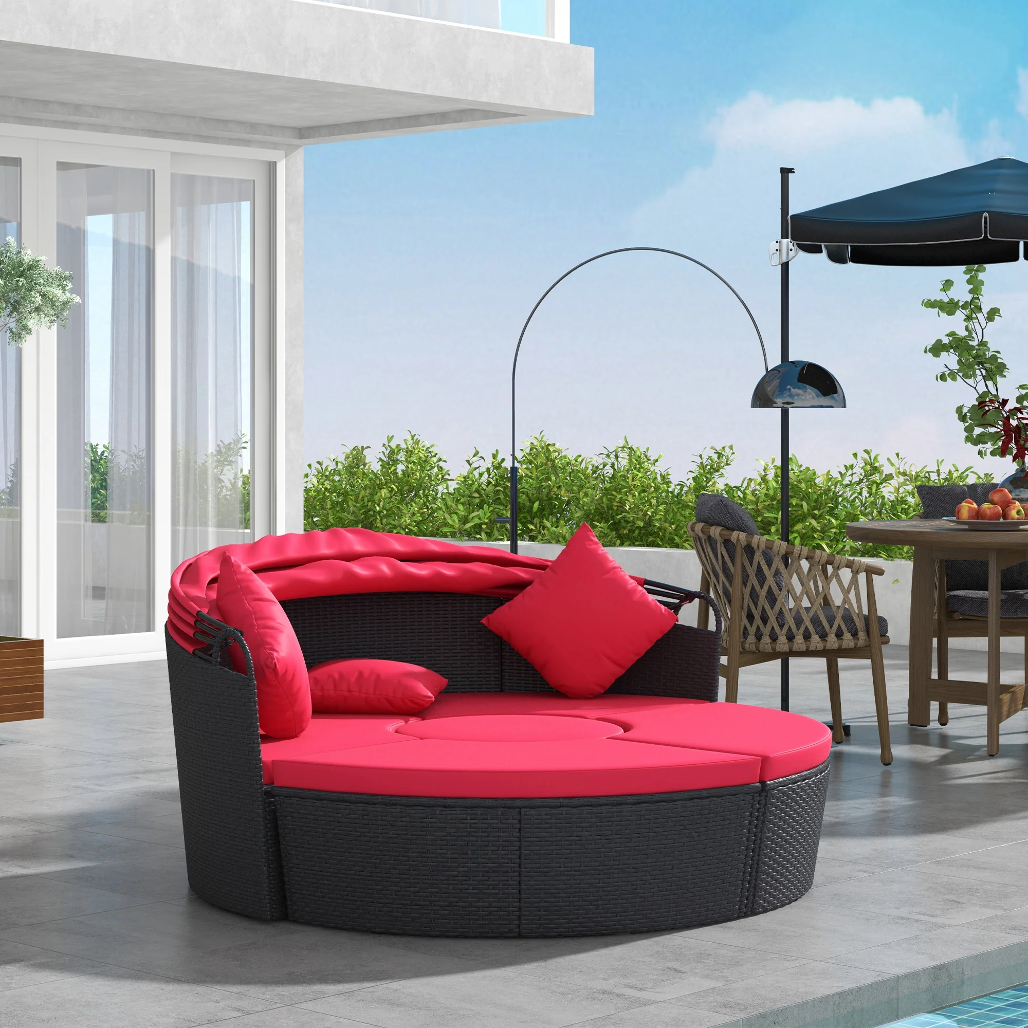 4-piece Round Outdoor Daybed with Retractable Canopy, PE Rattan Wicker Chair, Red - Image 4