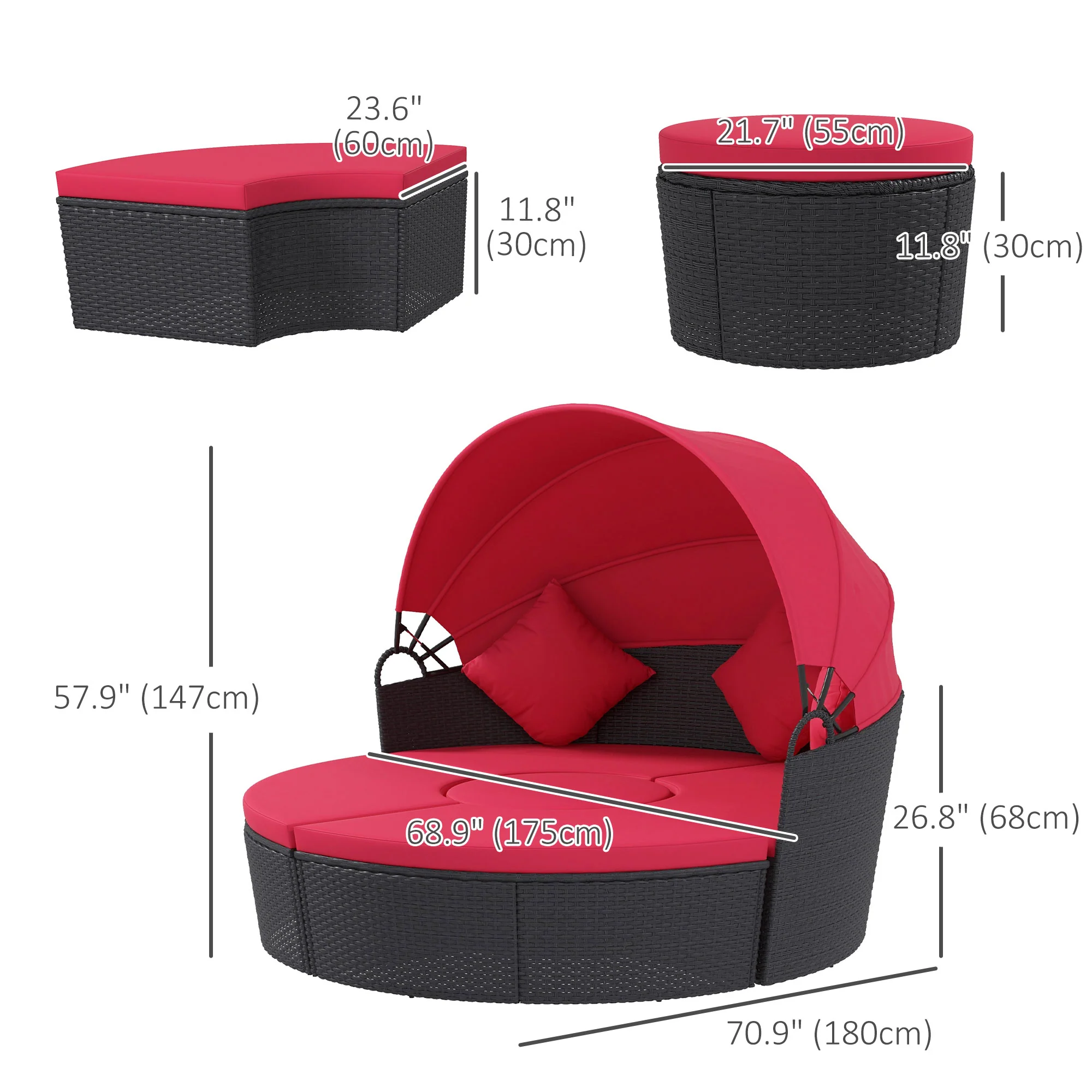4-piece Round Outdoor Daybed with Retractable Canopy, PE Rattan Wicker Chair, Red - Image 5