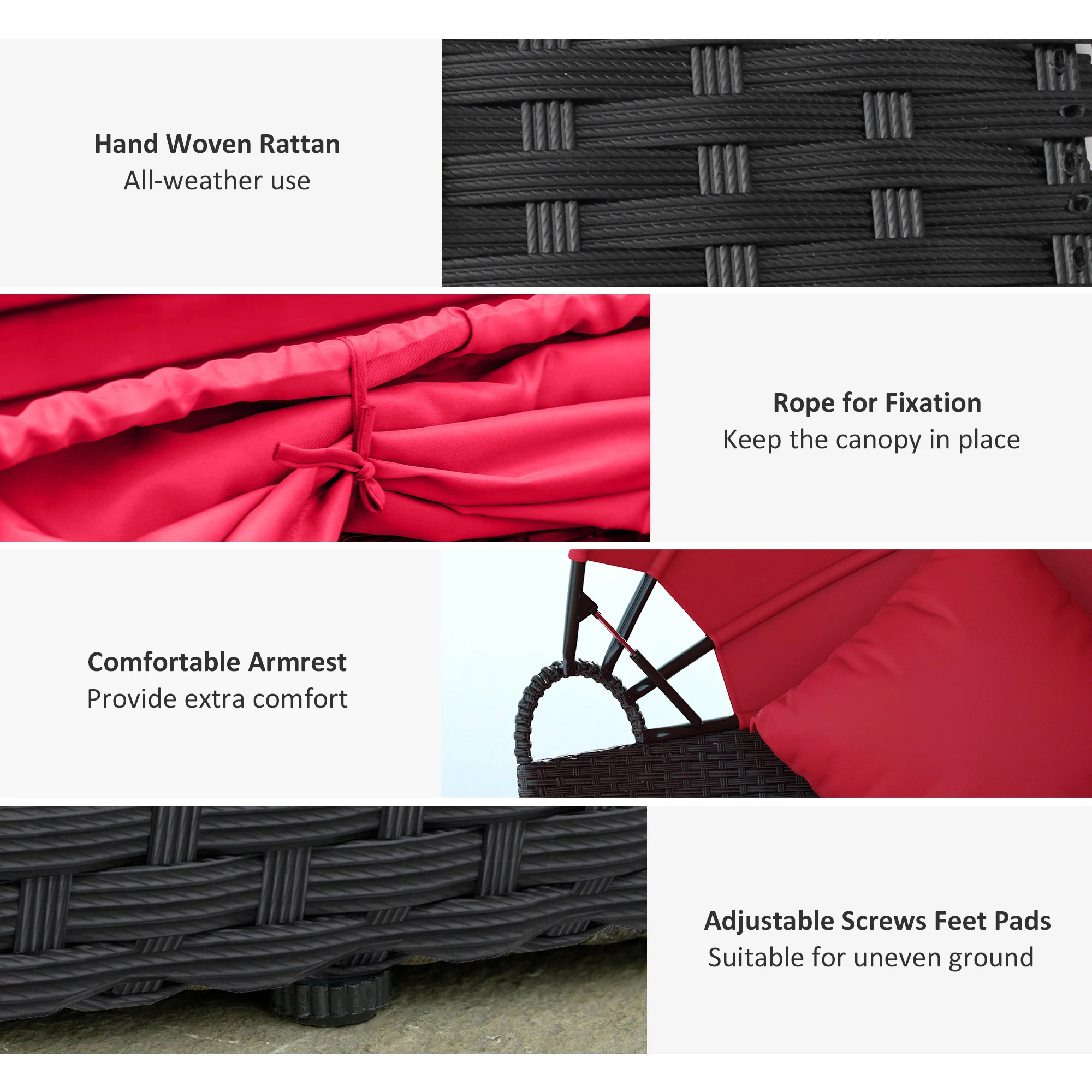 4-piece Round Outdoor Daybed with Retractable Canopy, PE Rattan Wicker Chair, Red - Image 6