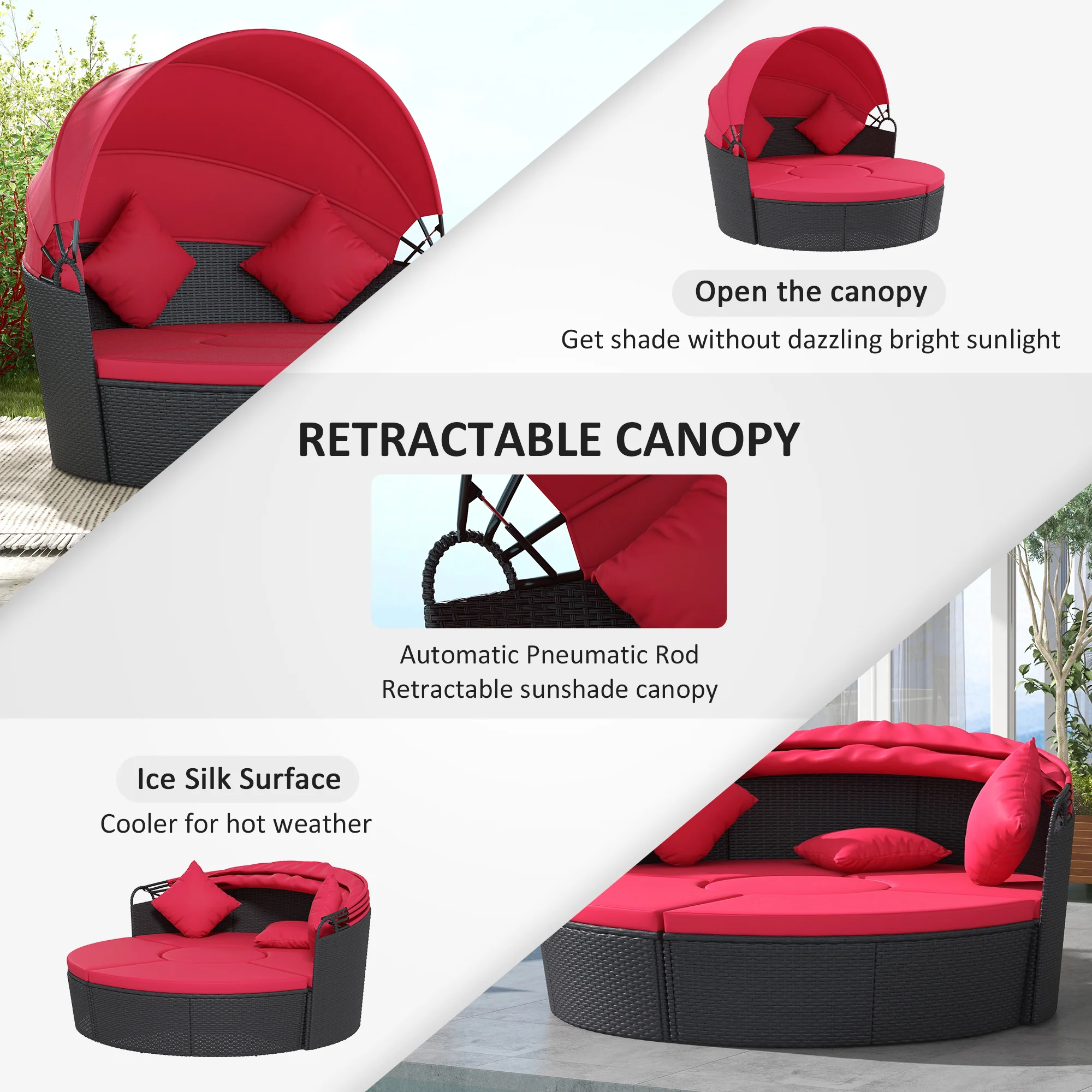 4-piece Round Outdoor Daybed with Retractable Canopy, PE Rattan Wicker Chair, Red - Image 7