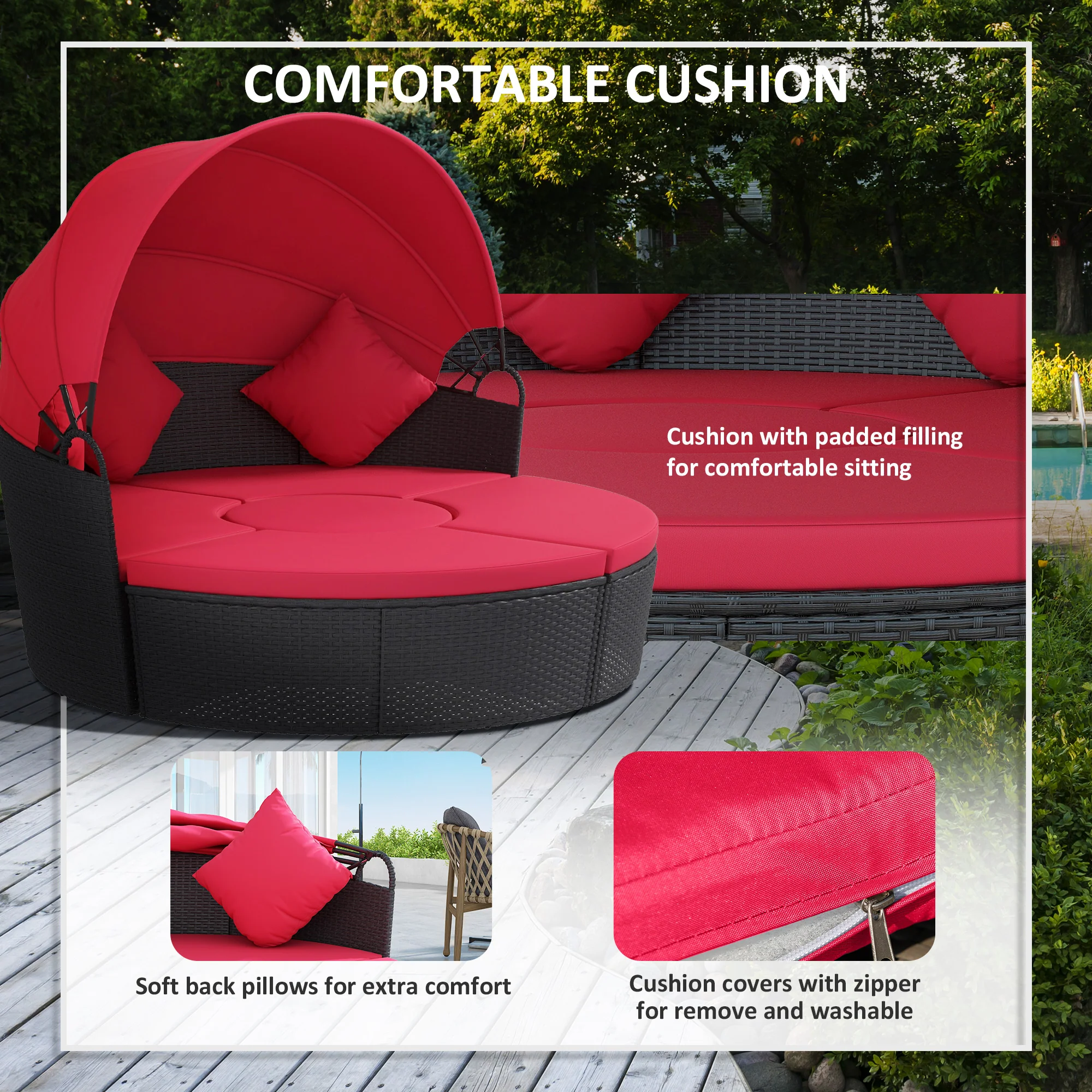 4-piece Round Outdoor Daybed with Retractable Canopy, PE Rattan Wicker Chair, Red - Image 8