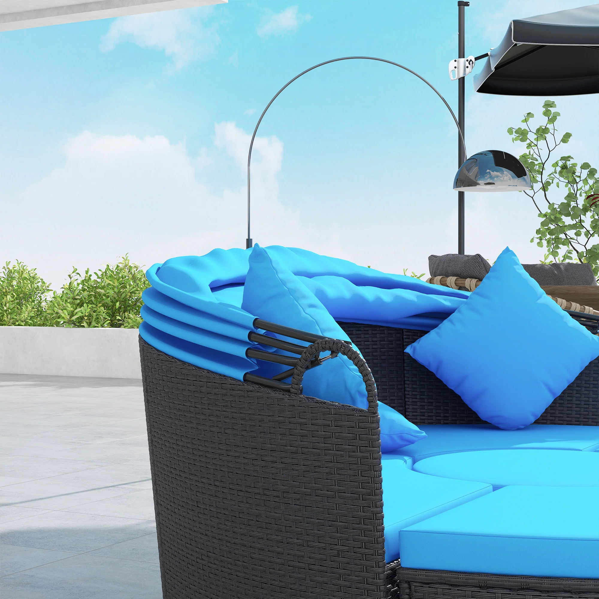 4-piece Round Outdoor Daybed with Retractable Canopy, PE Rattan Wicker Chair, Blue - Image 11