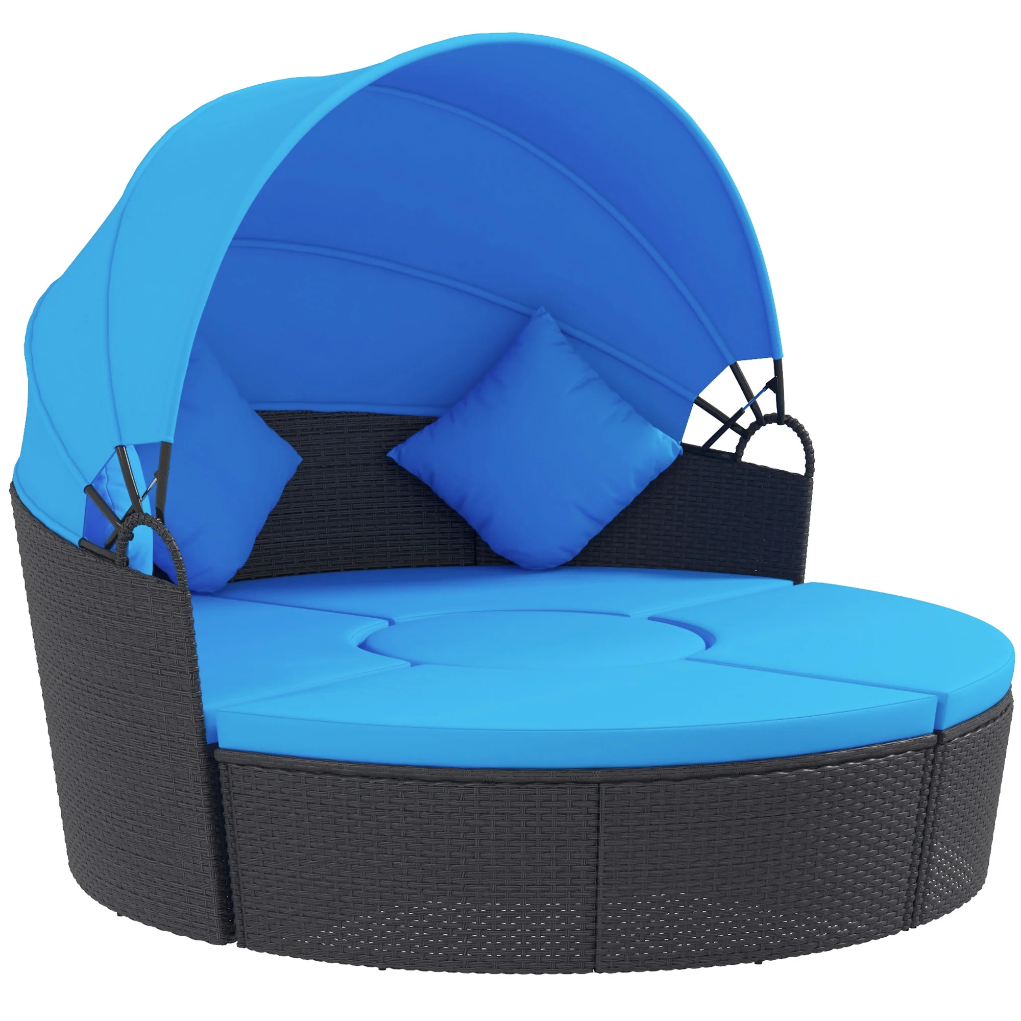 4-piece Round Outdoor Daybed with Retractable Canopy, PE Rattan Wicker Chair, Blue - Image 12