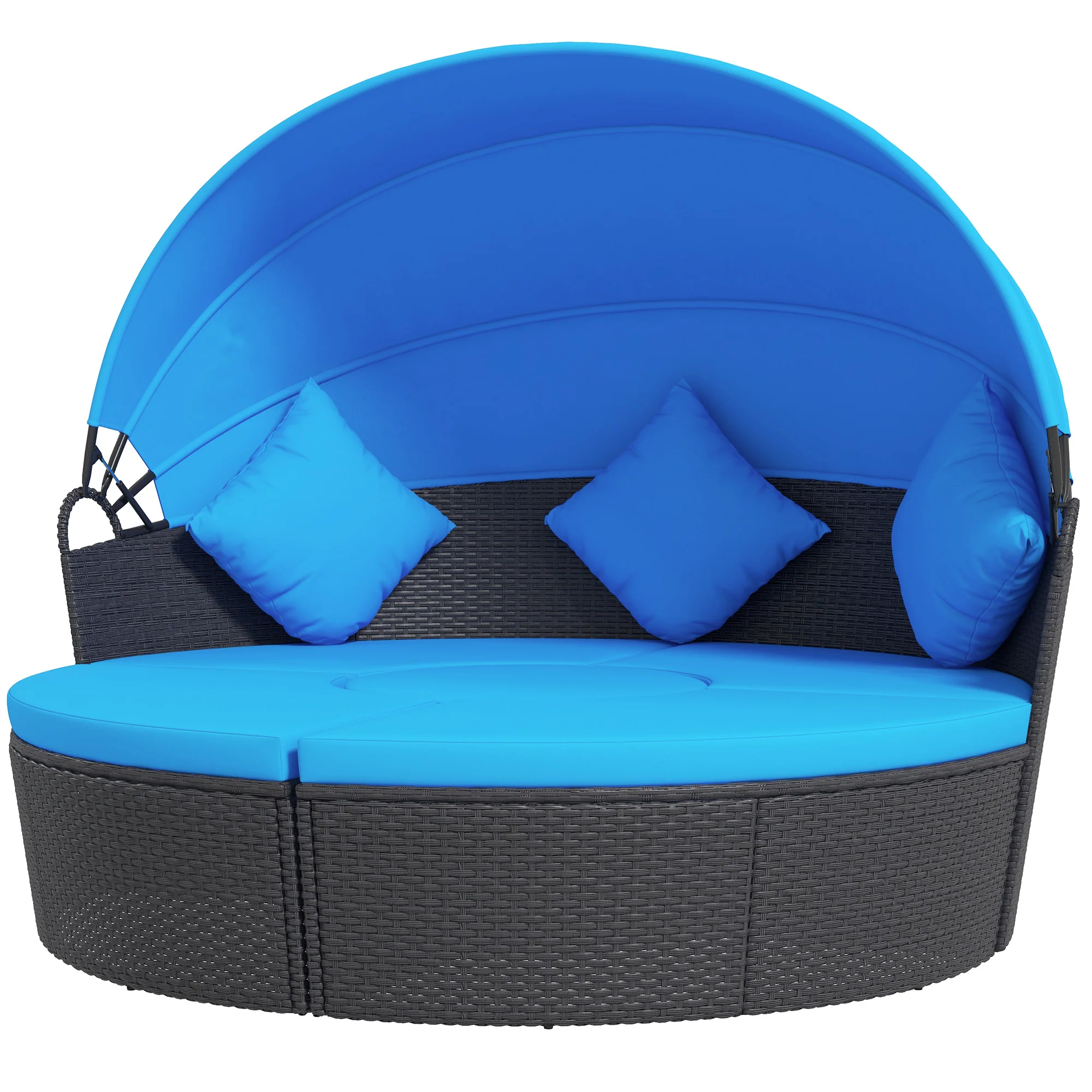 4-piece Round Outdoor Daybed with Retractable Canopy, PE Rattan Wicker Chair, Blue - Image 2