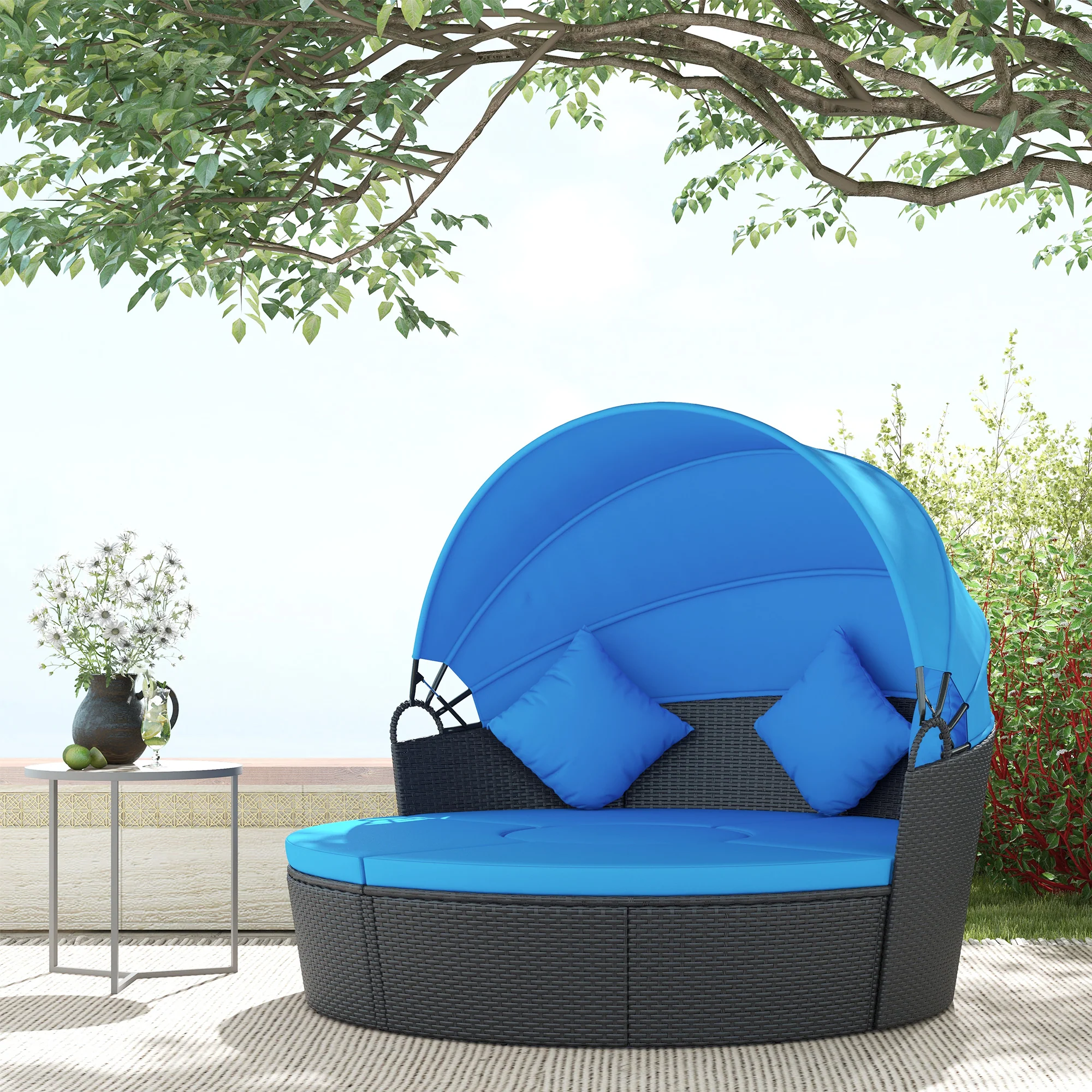 4-piece Round Outdoor Daybed with Retractable Canopy, PE Rattan Wicker Chair, Blue - Image 3