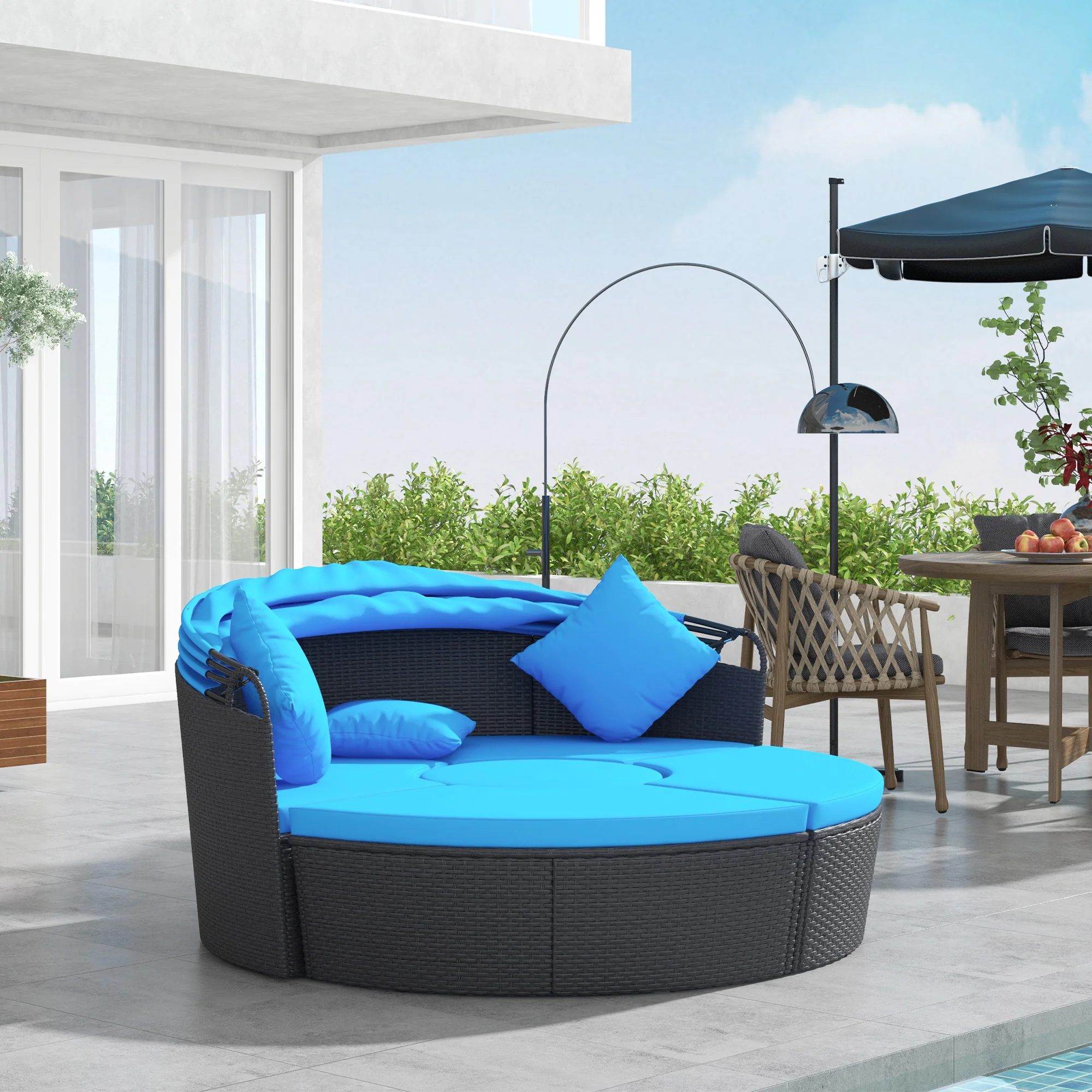 4-piece Round Outdoor Daybed with Retractable Canopy, PE Rattan Wicker Chair, Blue - Image 4