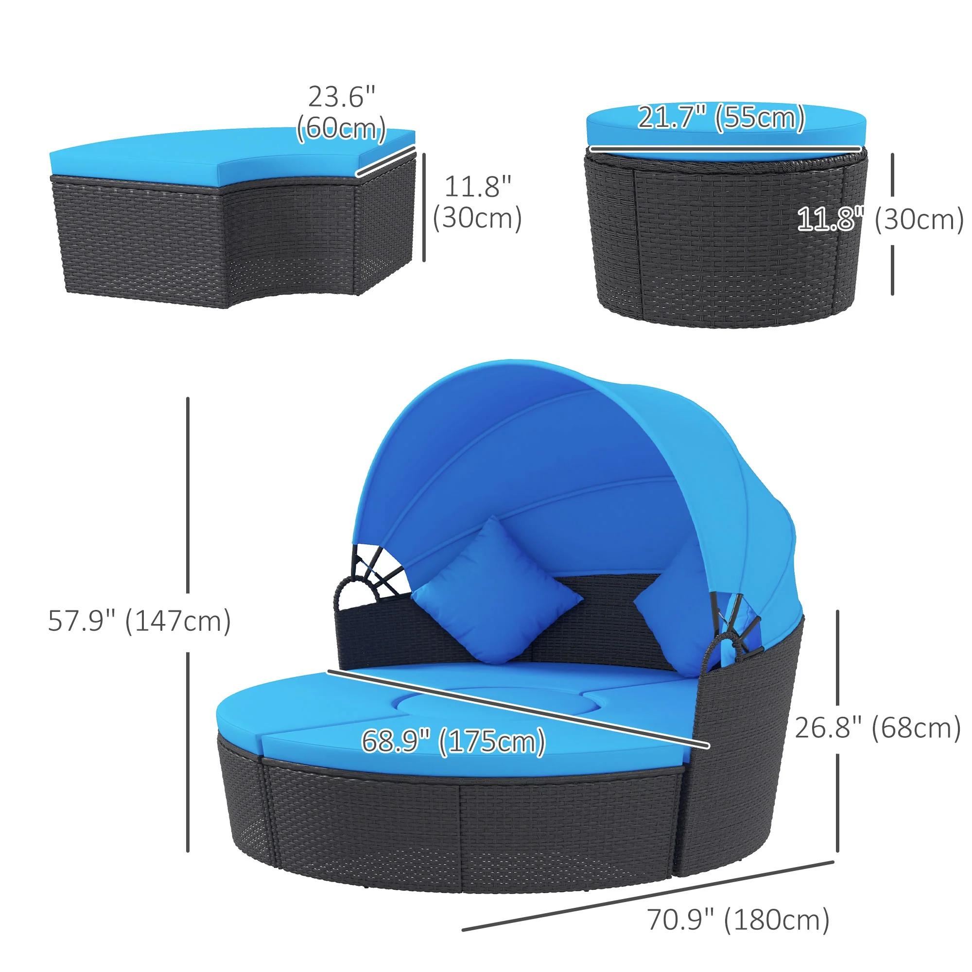 4-piece Round Outdoor Daybed with Retractable Canopy, PE Rattan Wicker Chair, Blue - Image 5