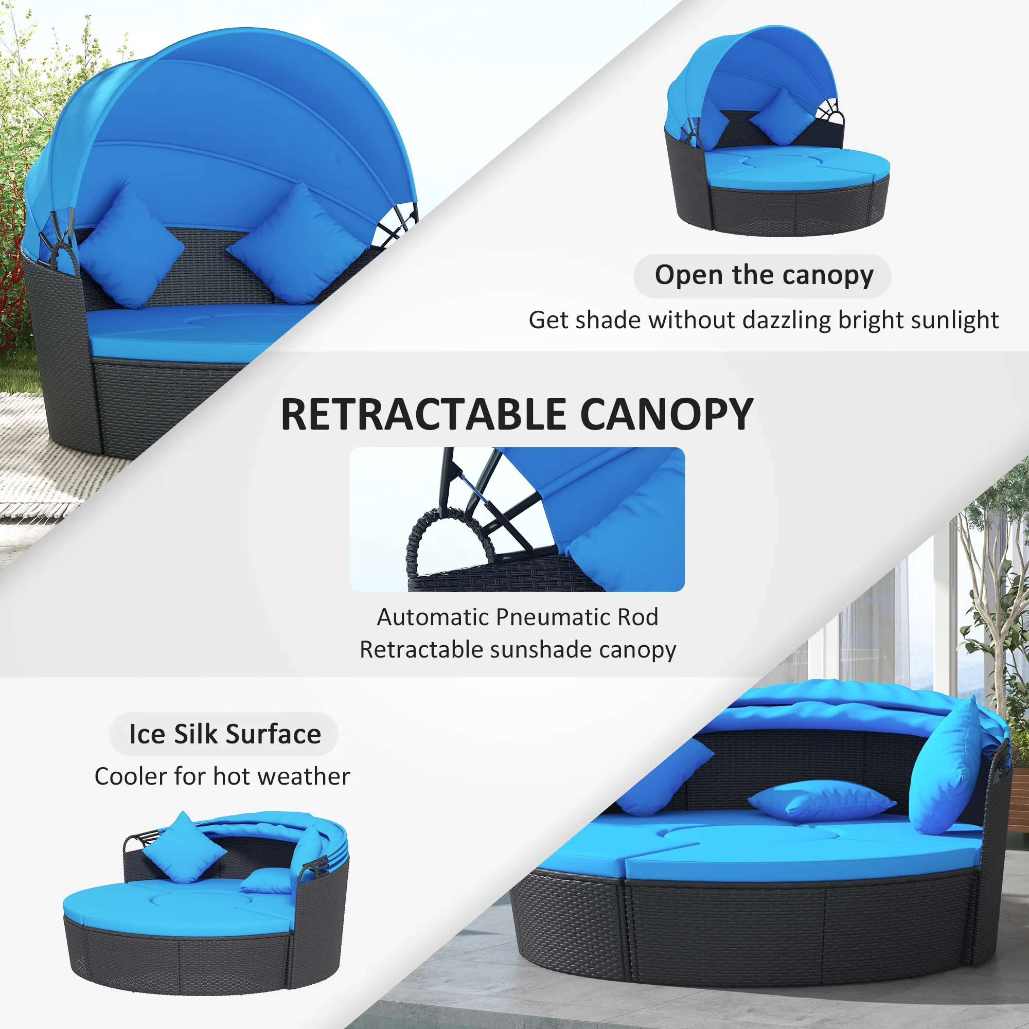 4-piece Round Outdoor Daybed with Retractable Canopy, PE Rattan Wicker Chair, Blue - Image 7