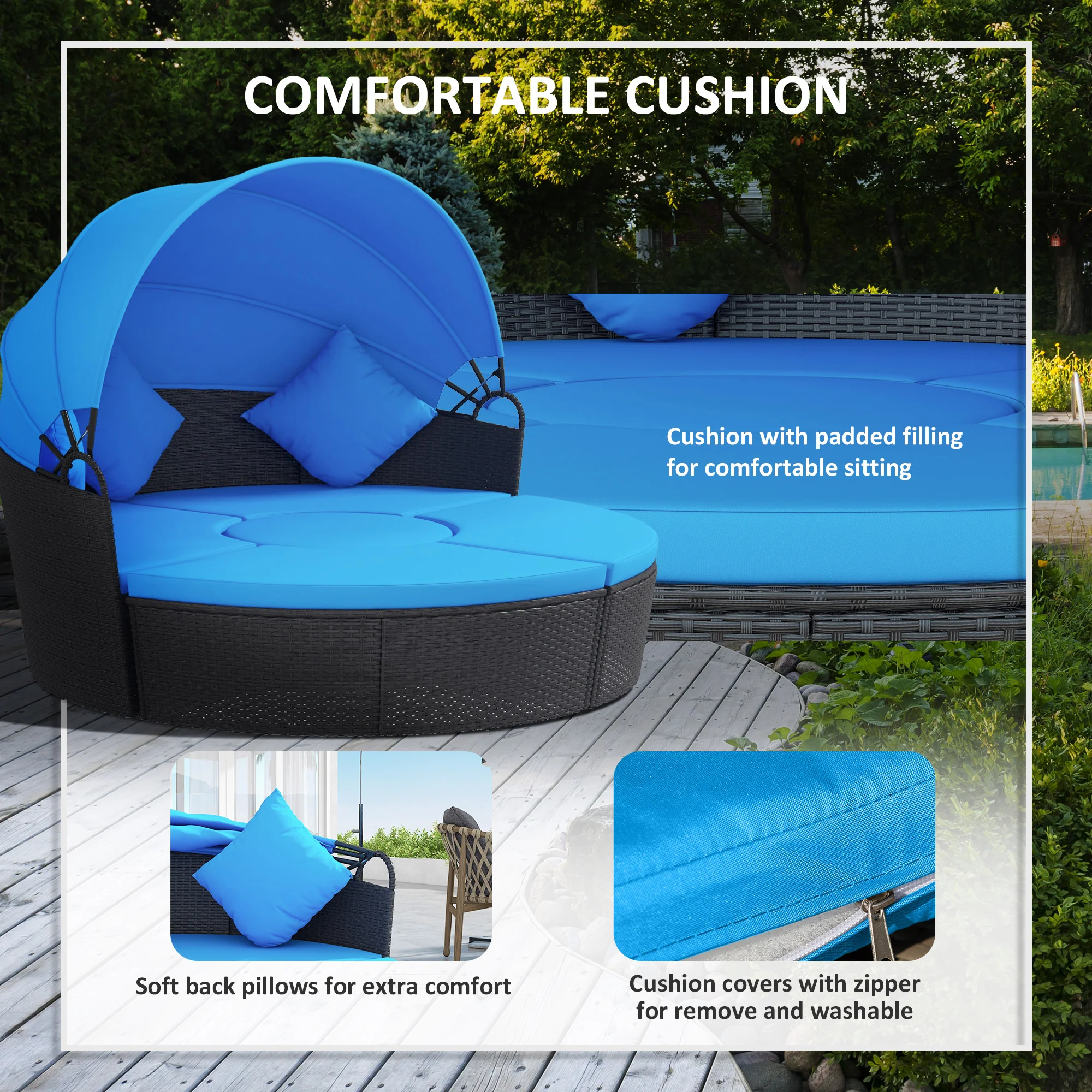 4-piece Round Outdoor Daybed with Retractable Canopy, PE Rattan Wicker Chair, Blue - Image 8