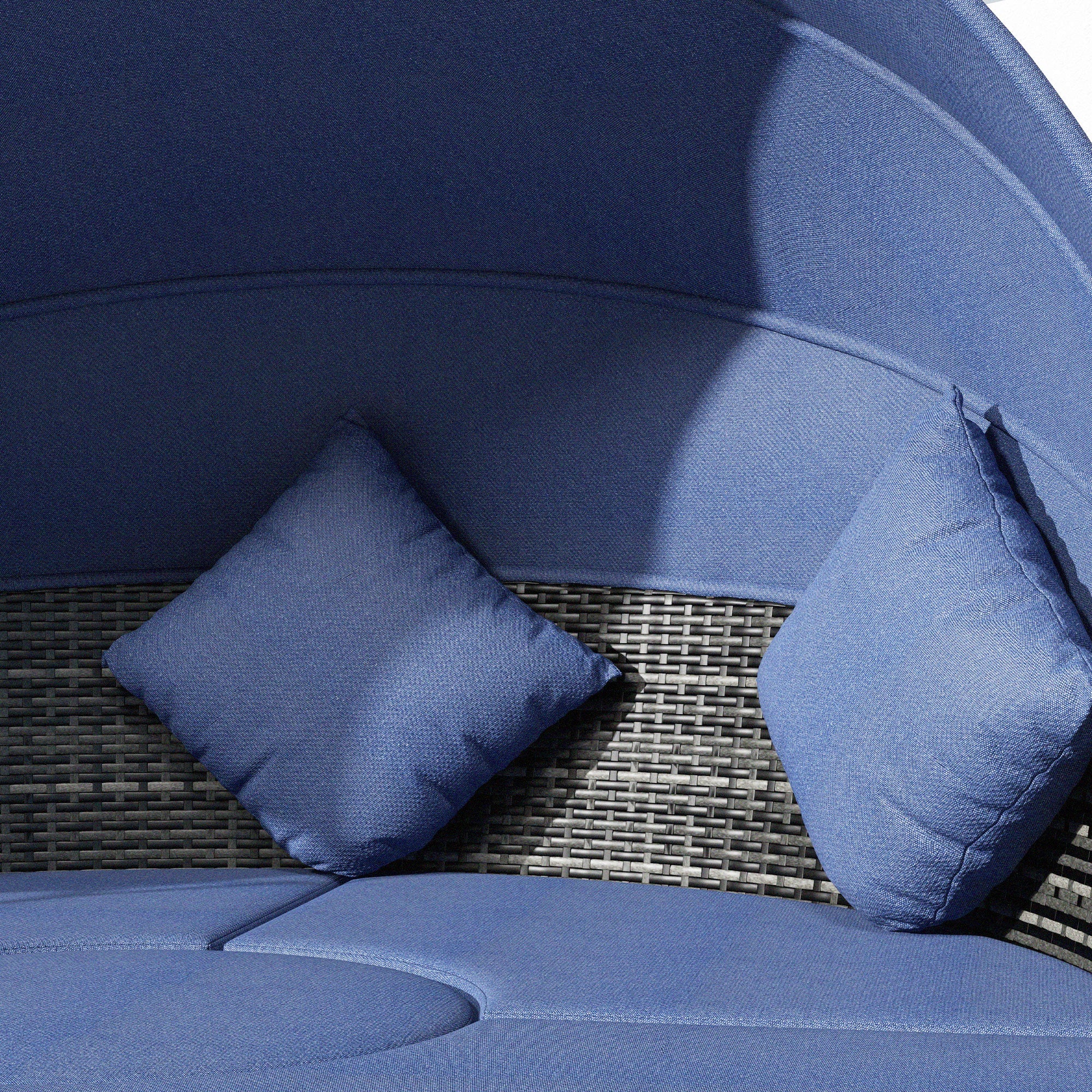 4-piece Round Outdoor Daybed with Retractable Canopy, PE Rattan Wicker Chair, Dark Blue - Image 10