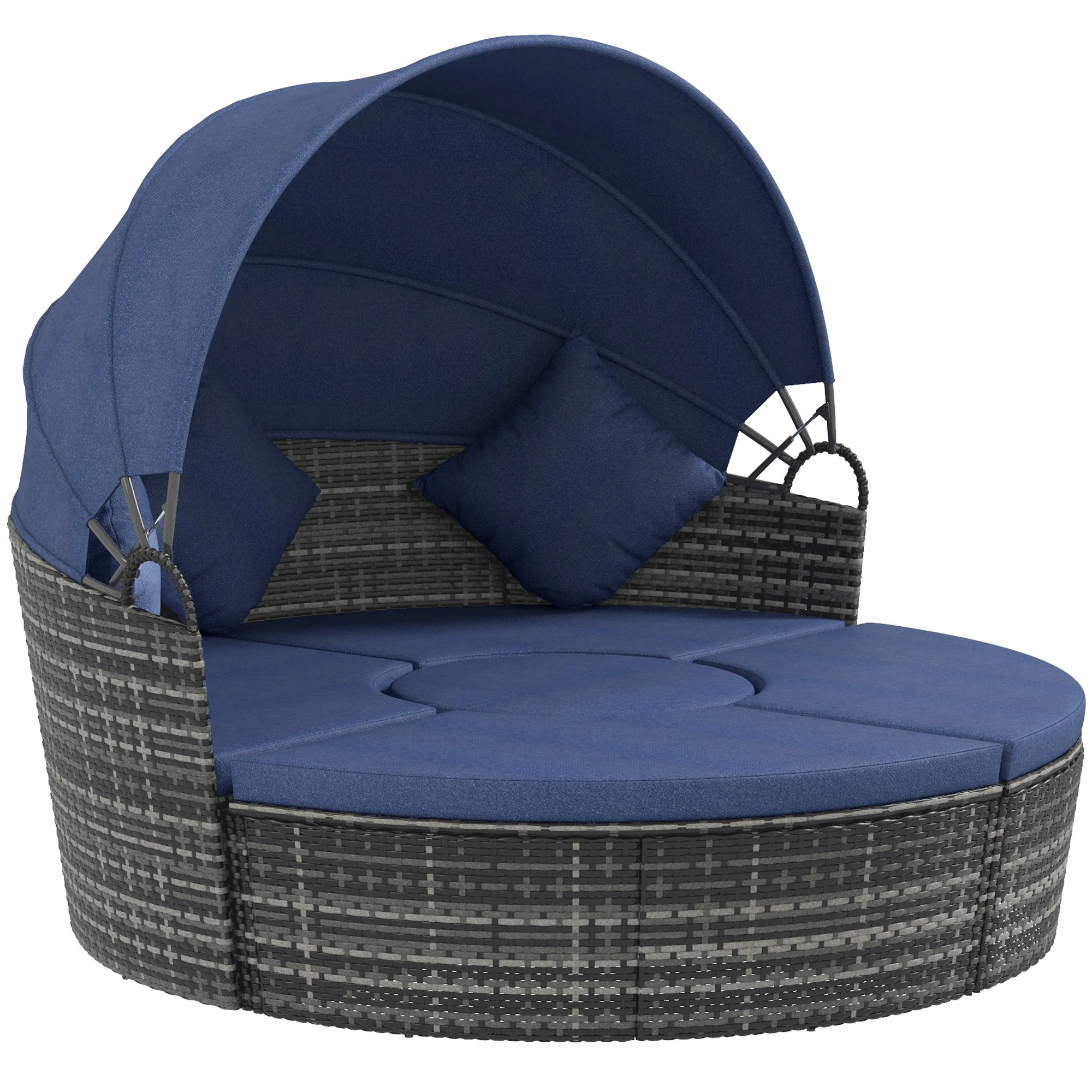 4-piece Round Outdoor Daybed with Retractable Canopy, PE Rattan Wicker Chair, Dark Blue - Image 12