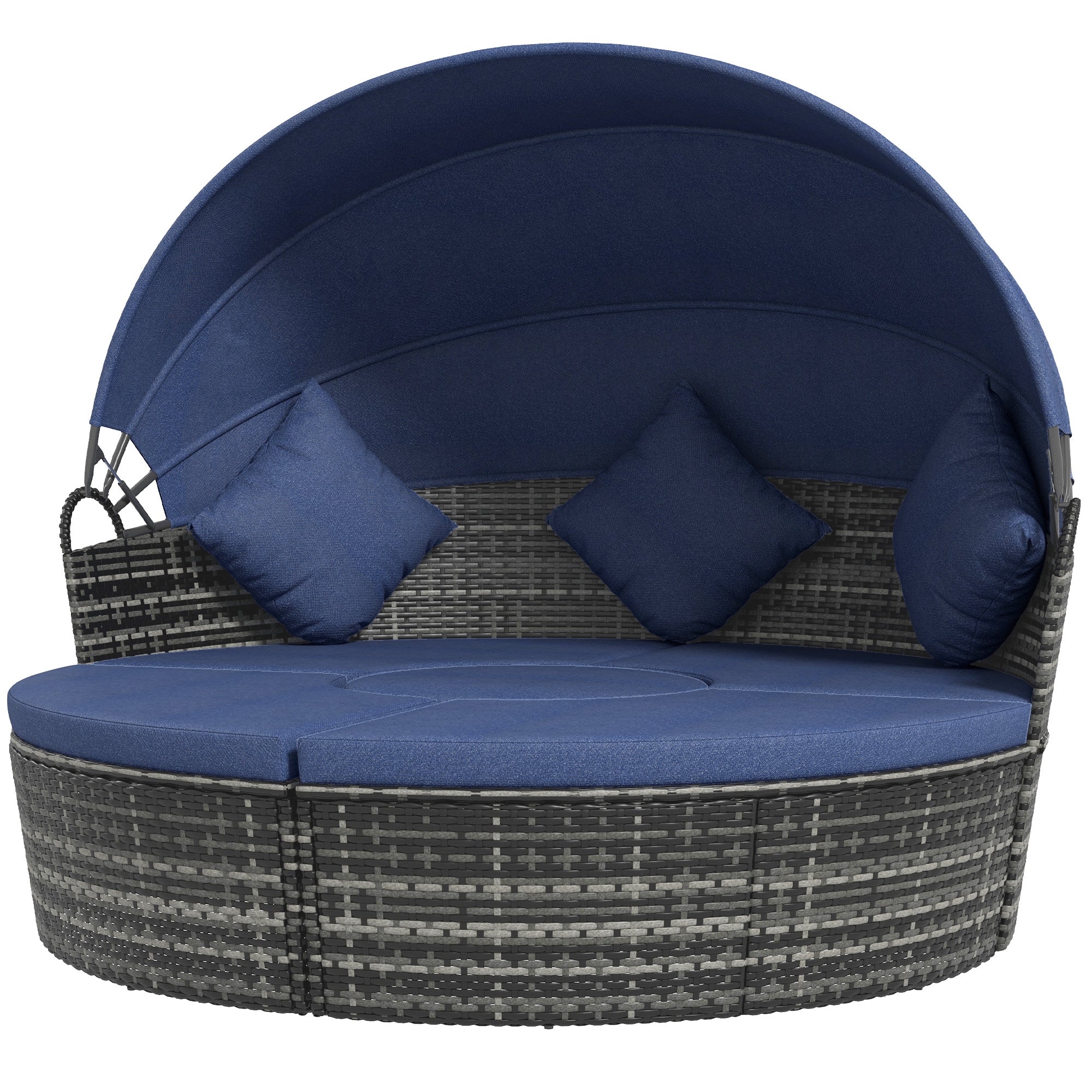 4-piece Round Outdoor Daybed with Retractable Canopy, PE Rattan Wicker Chair, Dark Blue - Image 2