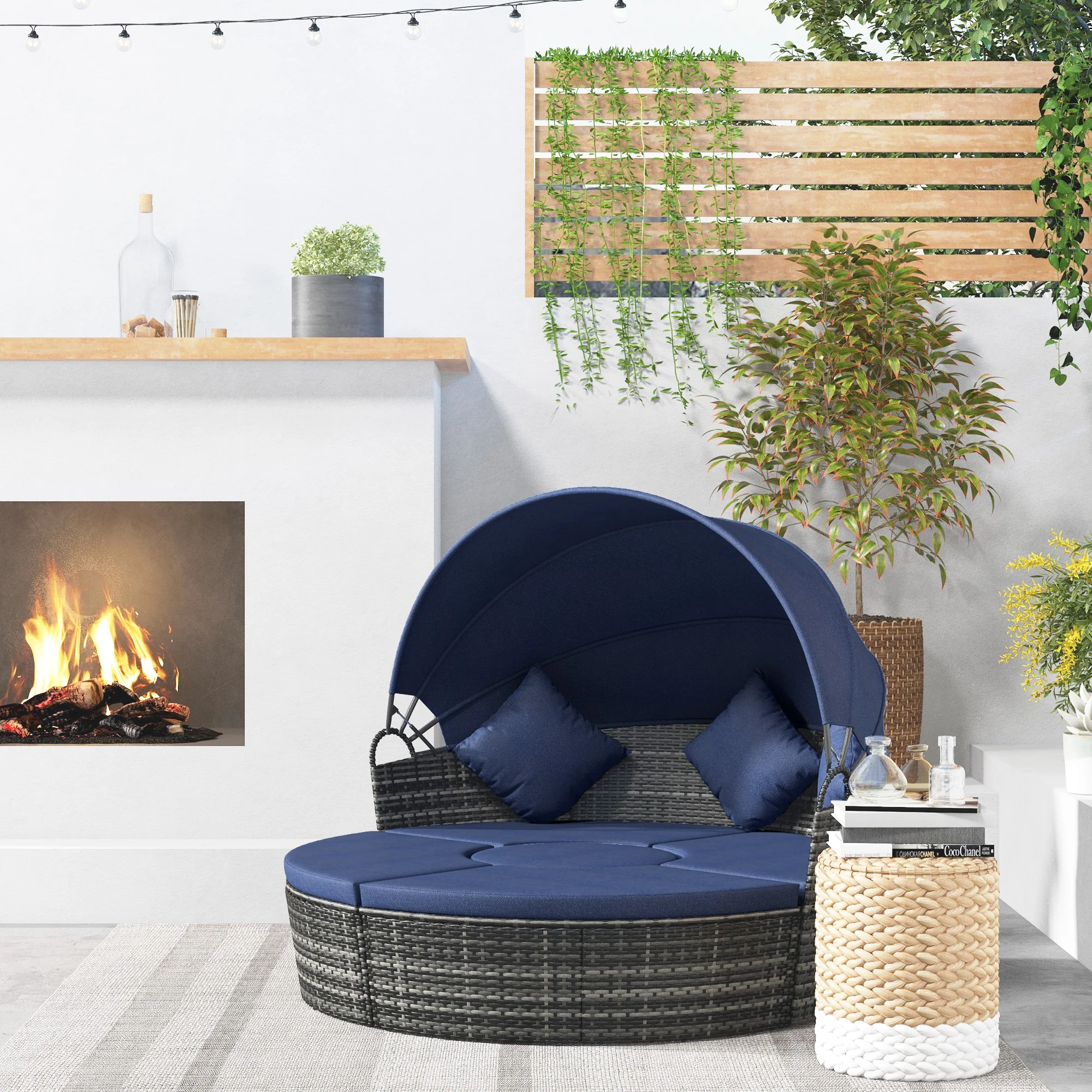 4-piece Round Outdoor Daybed with Retractable Canopy, PE Rattan Wicker Chair, Dark Blue - Image 3