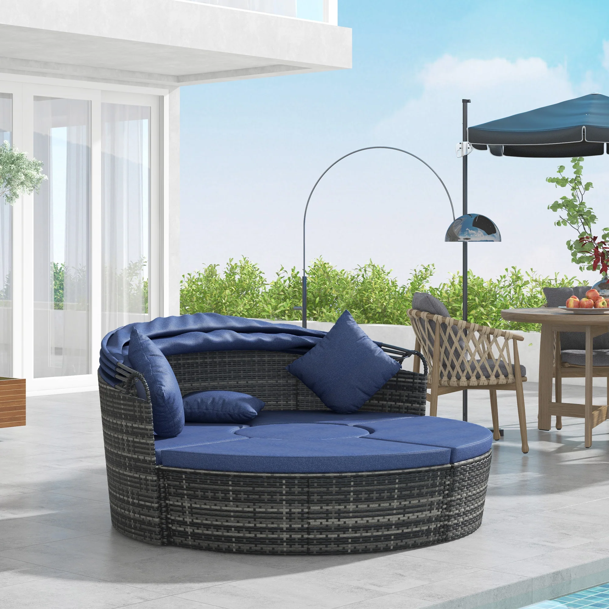 4-piece Round Outdoor Daybed with Retractable Canopy, PE Rattan Wicker Chair, Dark Blue - Image 4