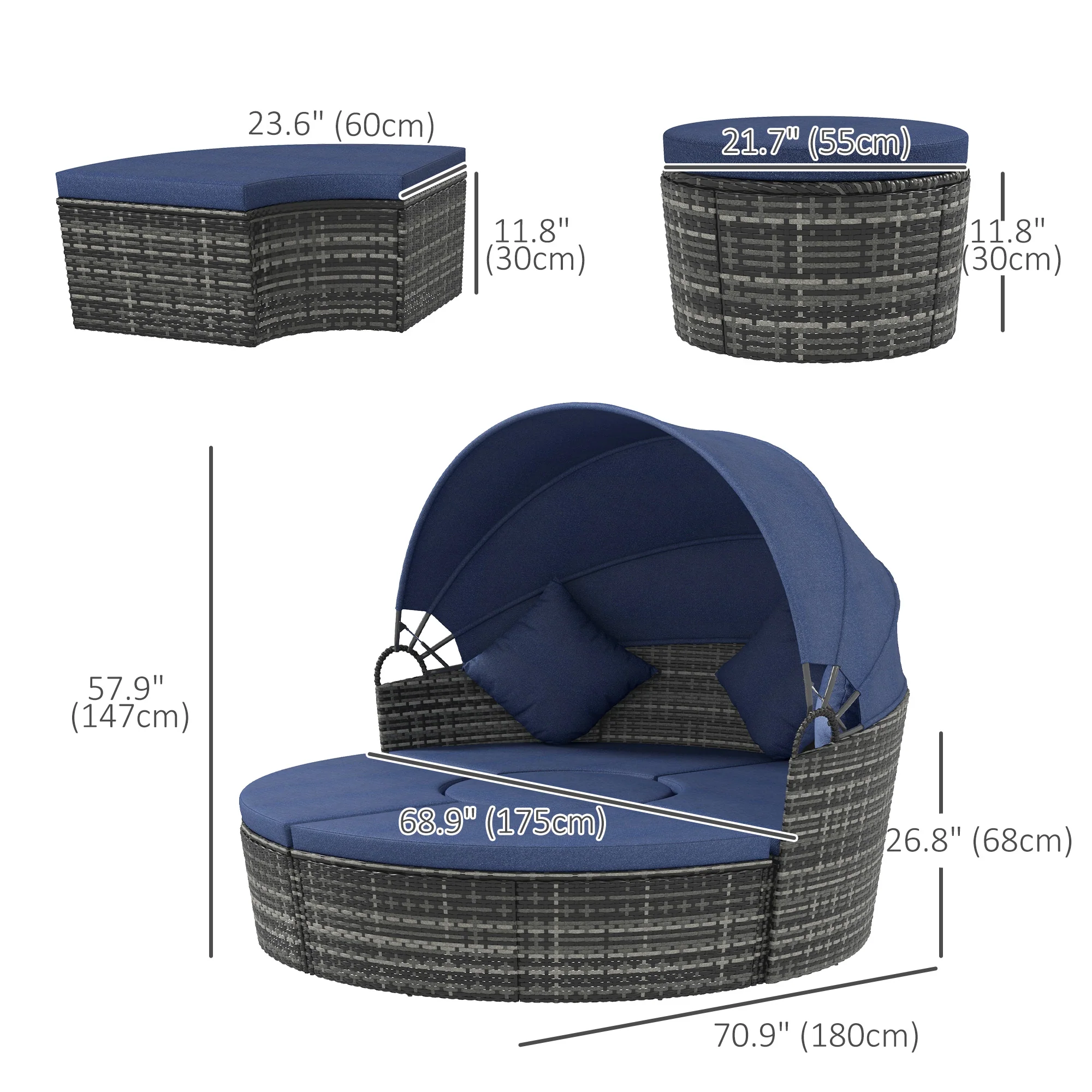 4-piece Round Outdoor Daybed with Retractable Canopy, PE Rattan Wicker Chair, Dark Blue - Image 5