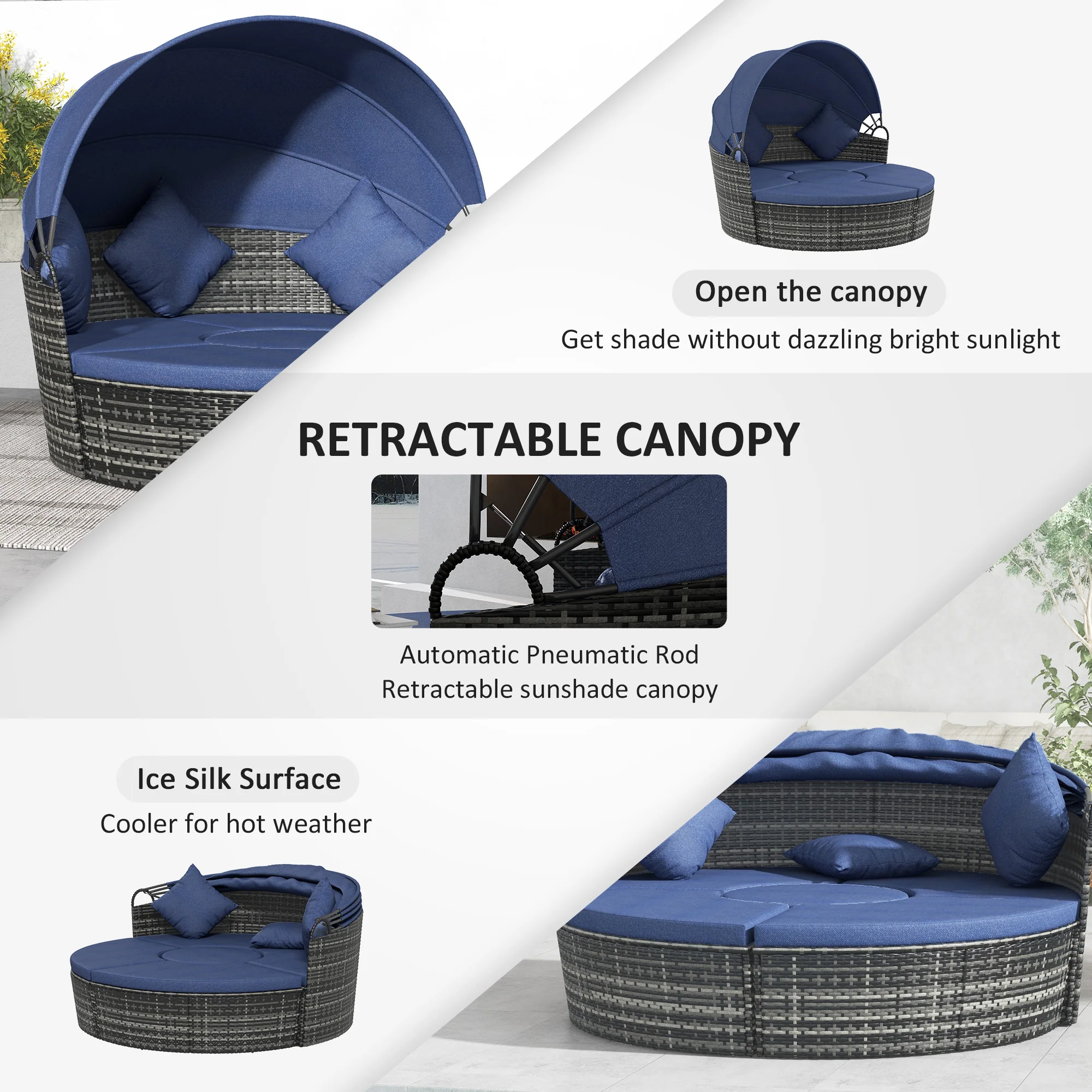 4-piece Round Outdoor Daybed with Retractable Canopy, PE Rattan Wicker Chair, Dark Blue - Image 7