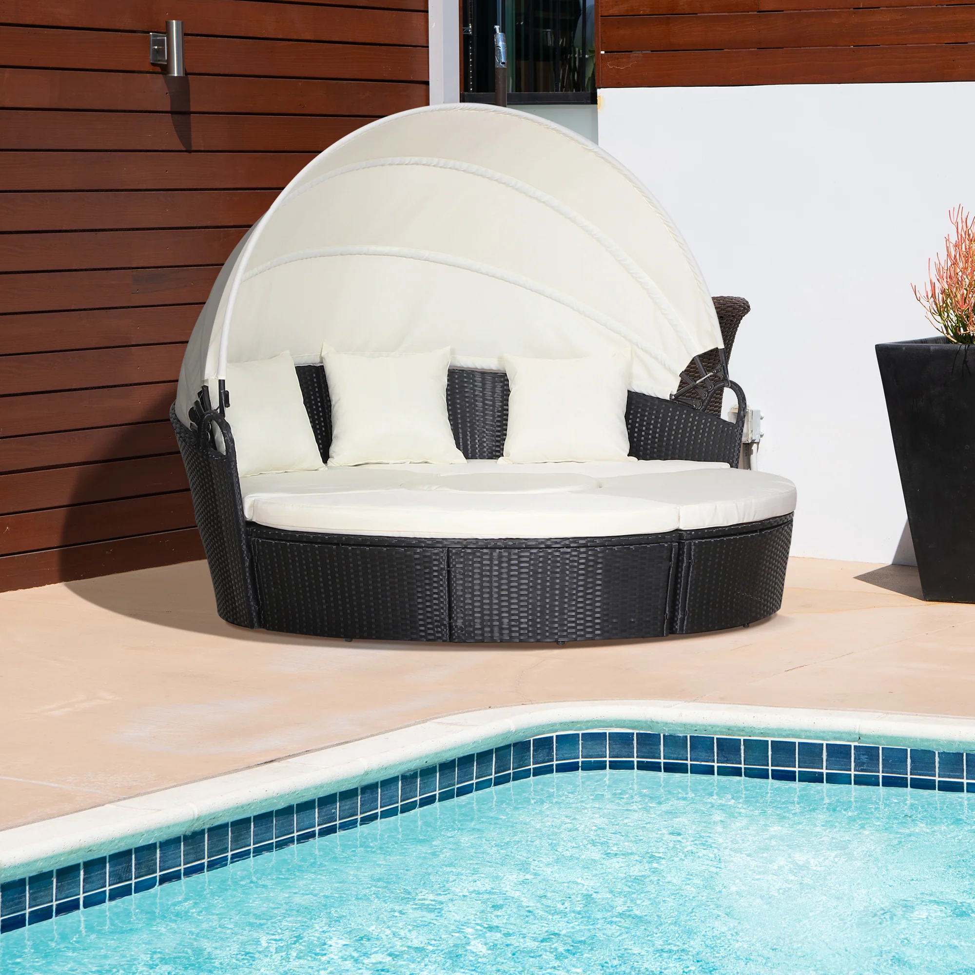 4-piece Round Outdoor Daybed with Retractable Canopy, PE Rattan Wicker Chair, Cream White - Image 3