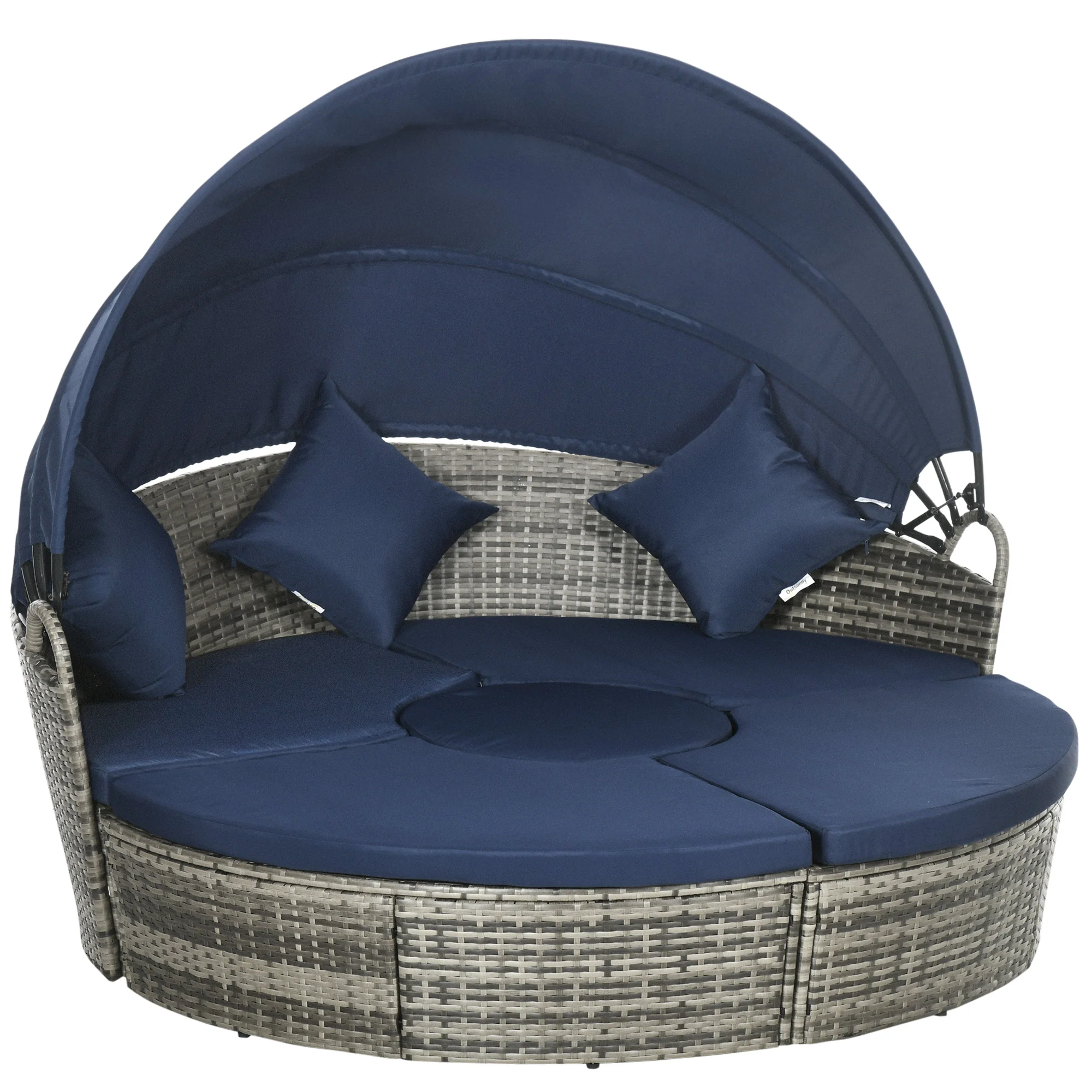 4Pcs Round Outdoor Daybed with Retractable Canopy, PE Rattan Wicker Chair, Dark Blue