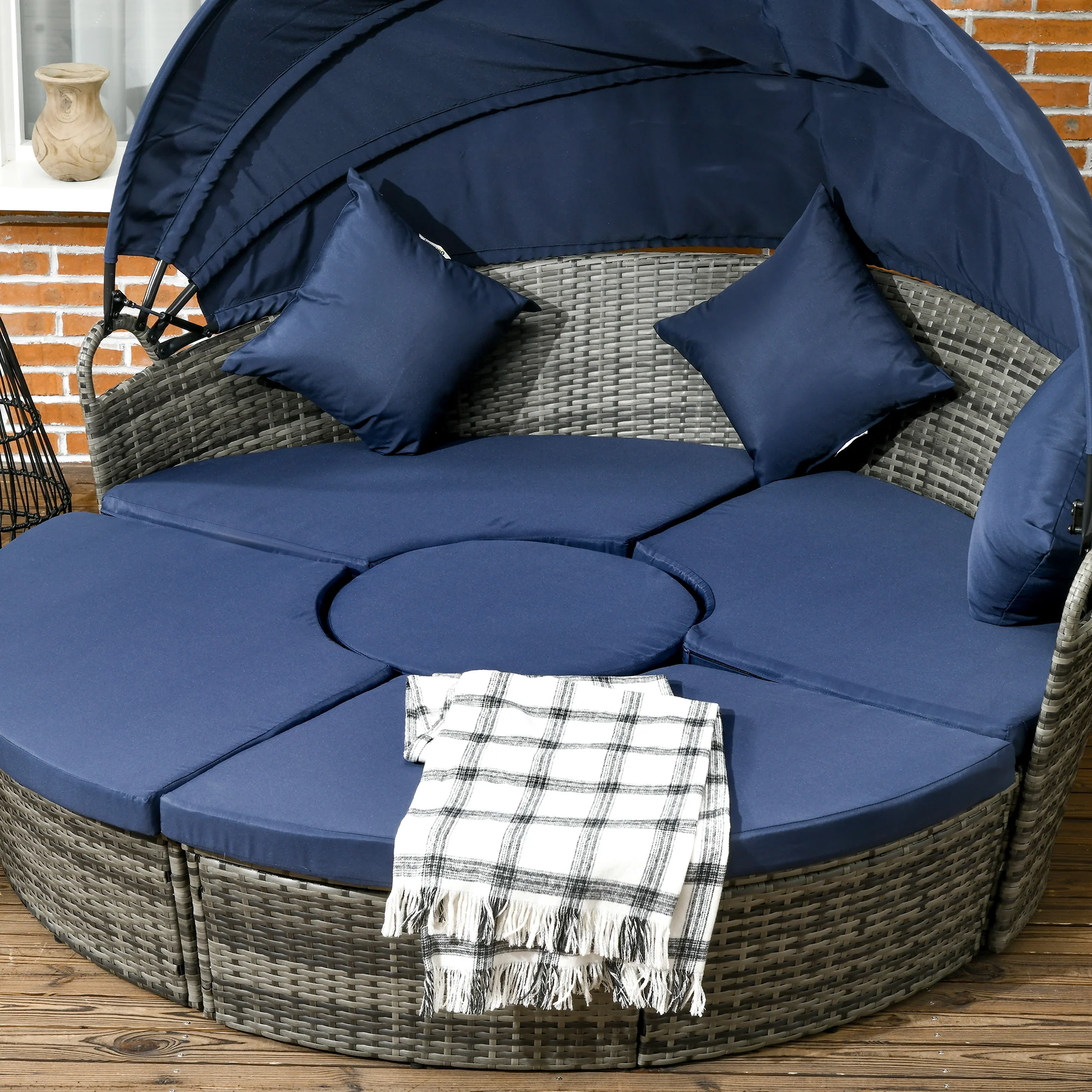 4Pcs Round Outdoor Daybed with Retractable Canopy, PE Rattan Wicker Chair, Dark Blue - Image 10