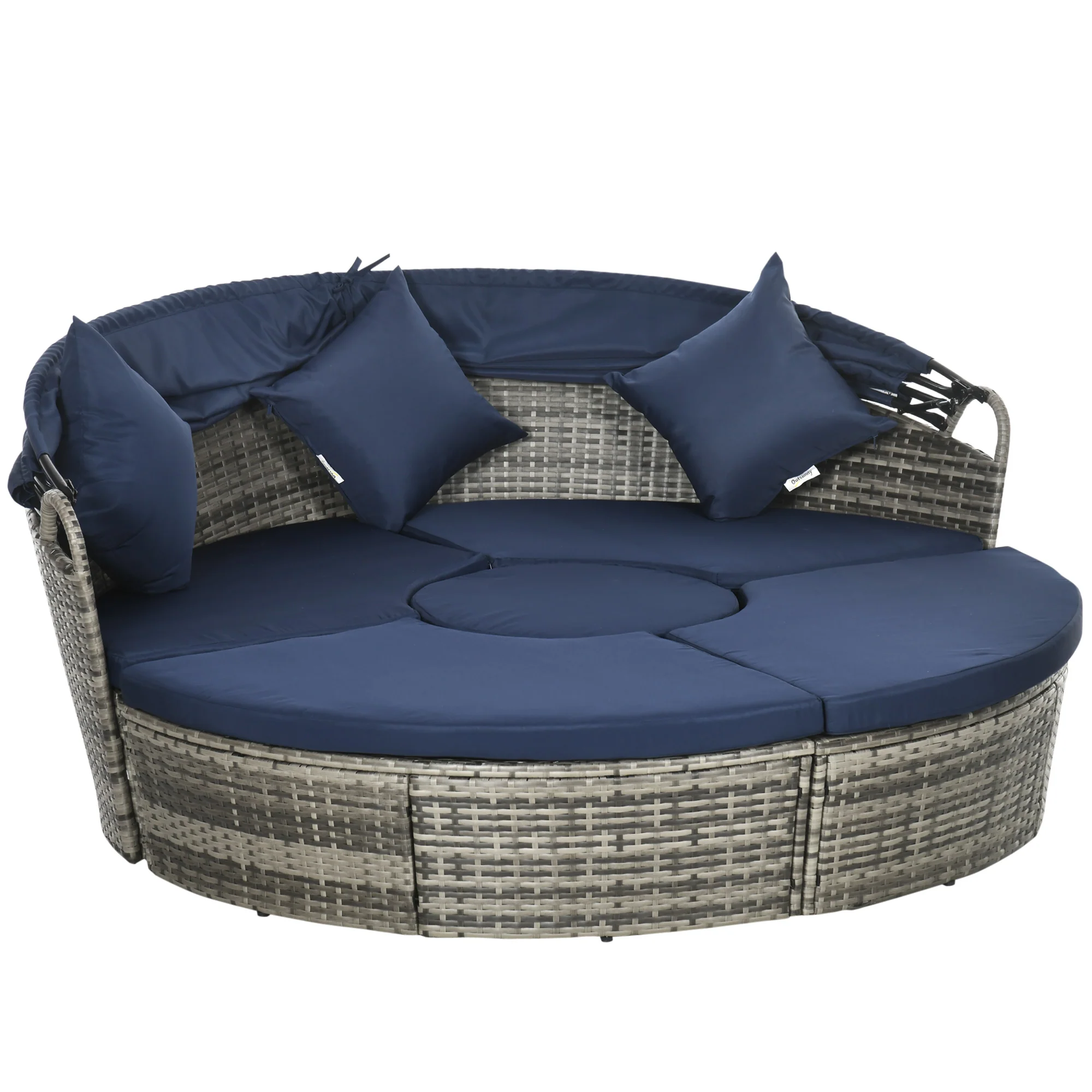 4Pcs Round Outdoor Daybed with Retractable Canopy, PE Rattan Wicker Chair, Dark Blue - Image 2