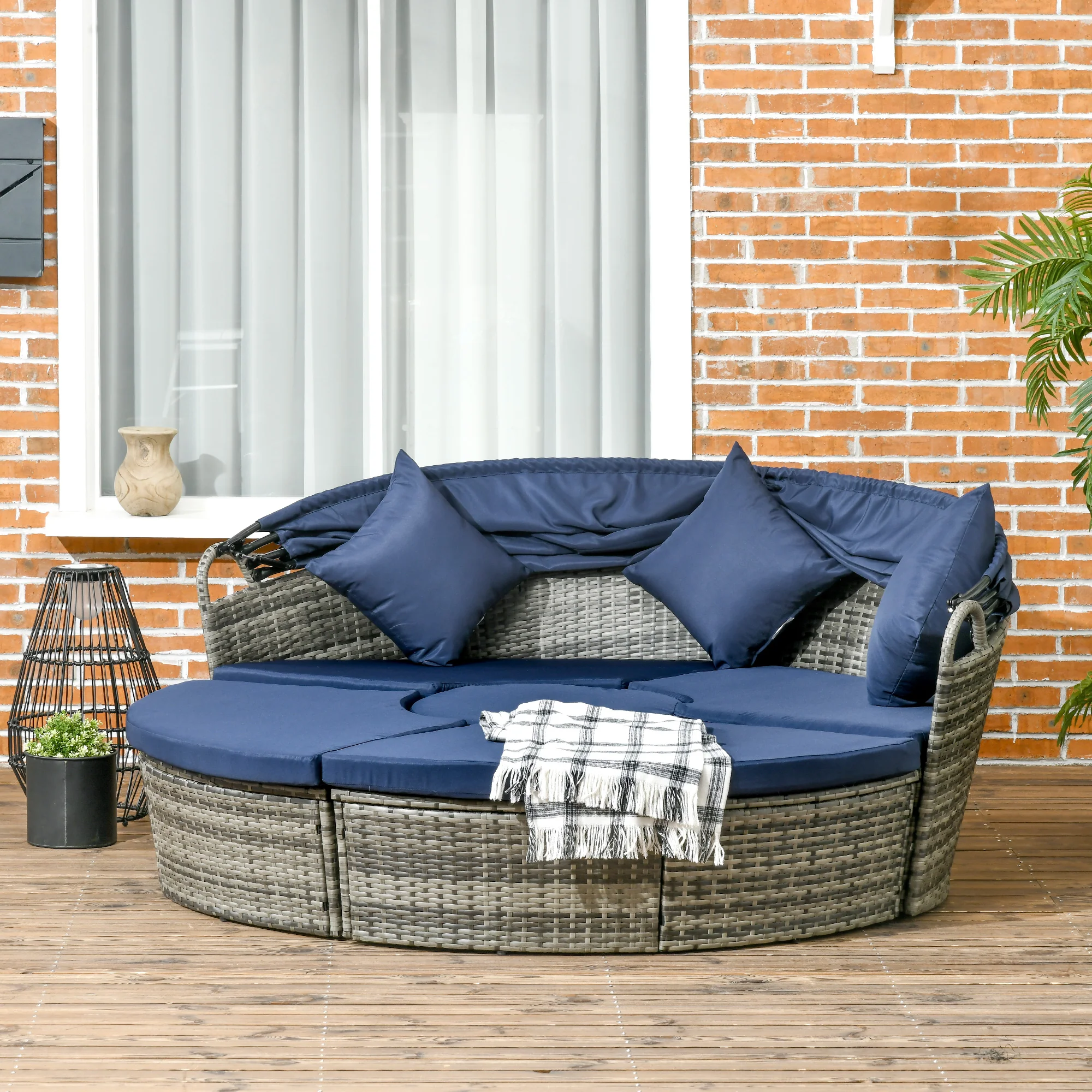 4Pcs Round Outdoor Daybed with Retractable Canopy, PE Rattan Wicker Chair, Dark Blue - Image 3