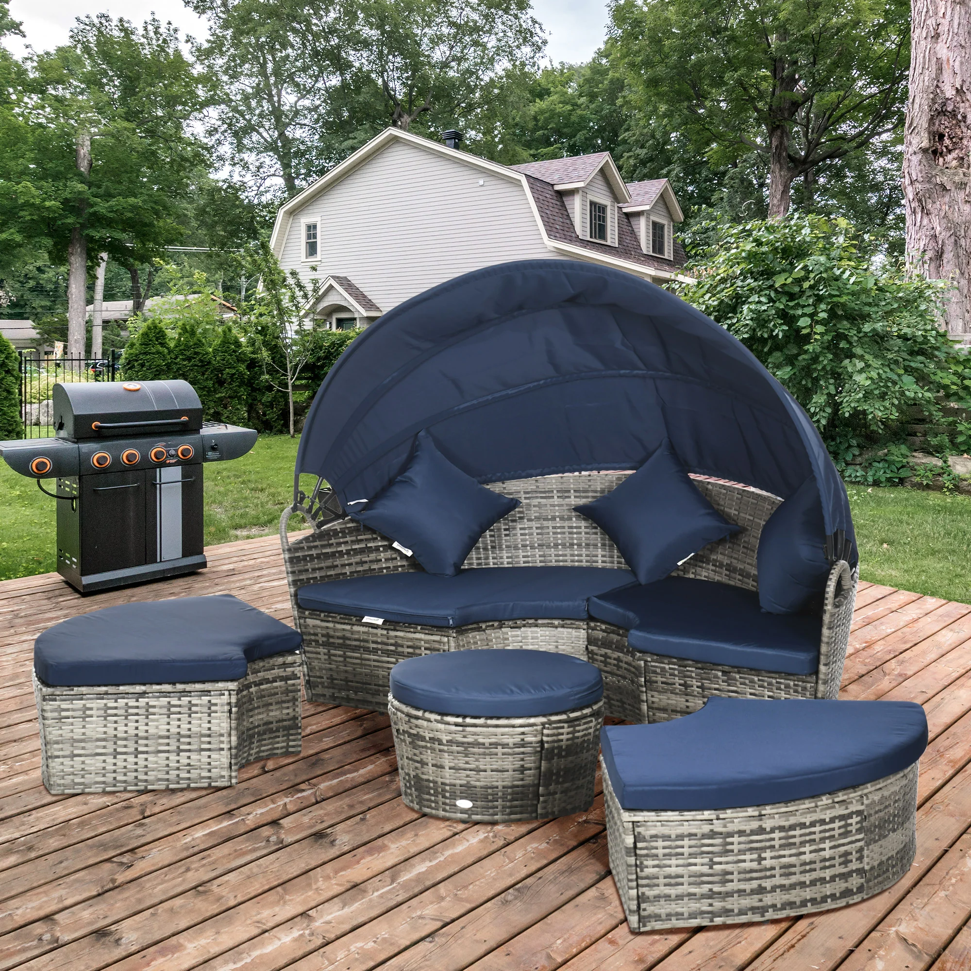 4Pcs Round Outdoor Daybed with Retractable Canopy, PE Rattan Wicker Chair, Dark Blue - Image 4