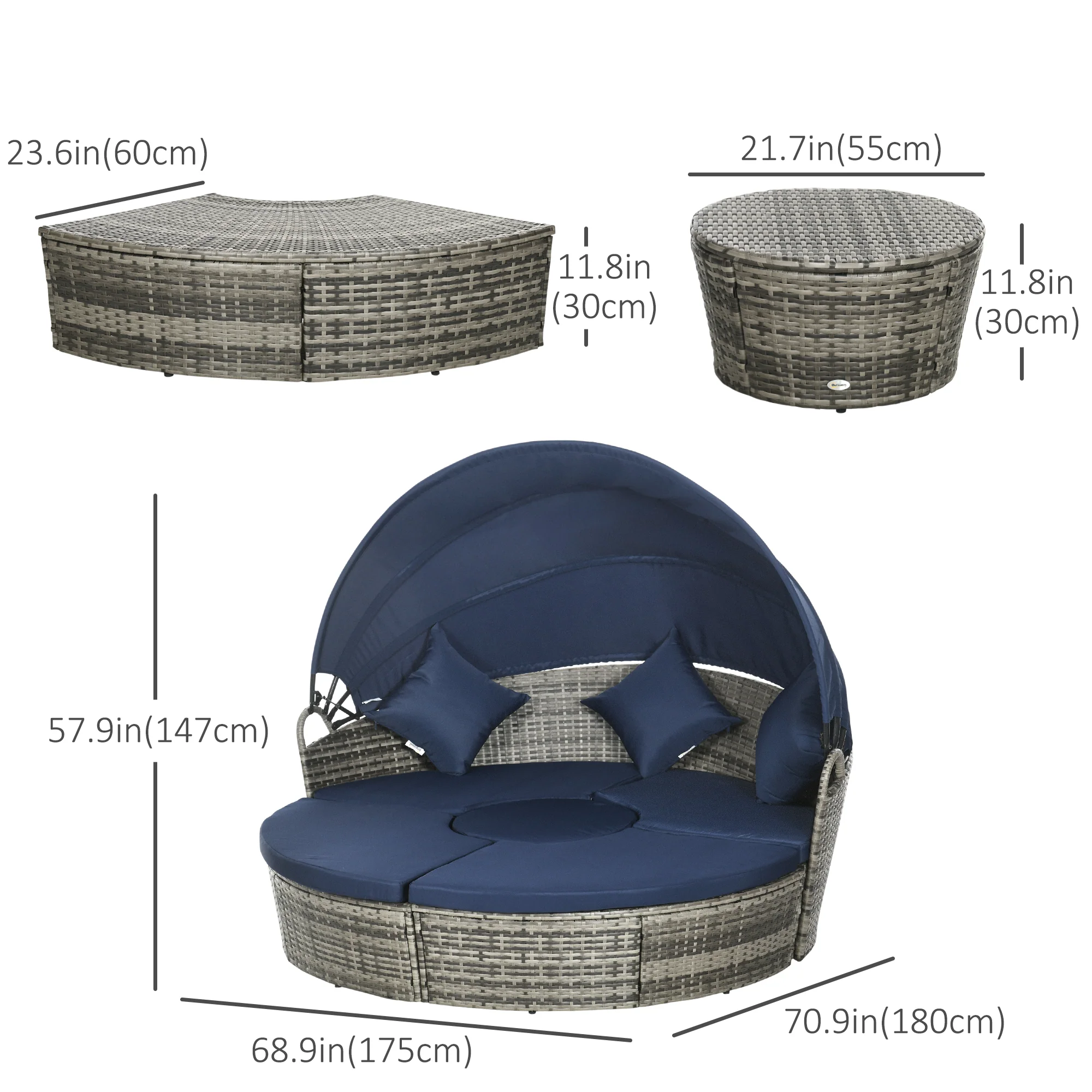4Pcs Round Outdoor Daybed with Retractable Canopy, PE Rattan Wicker Chair, Dark Blue - Image 5
