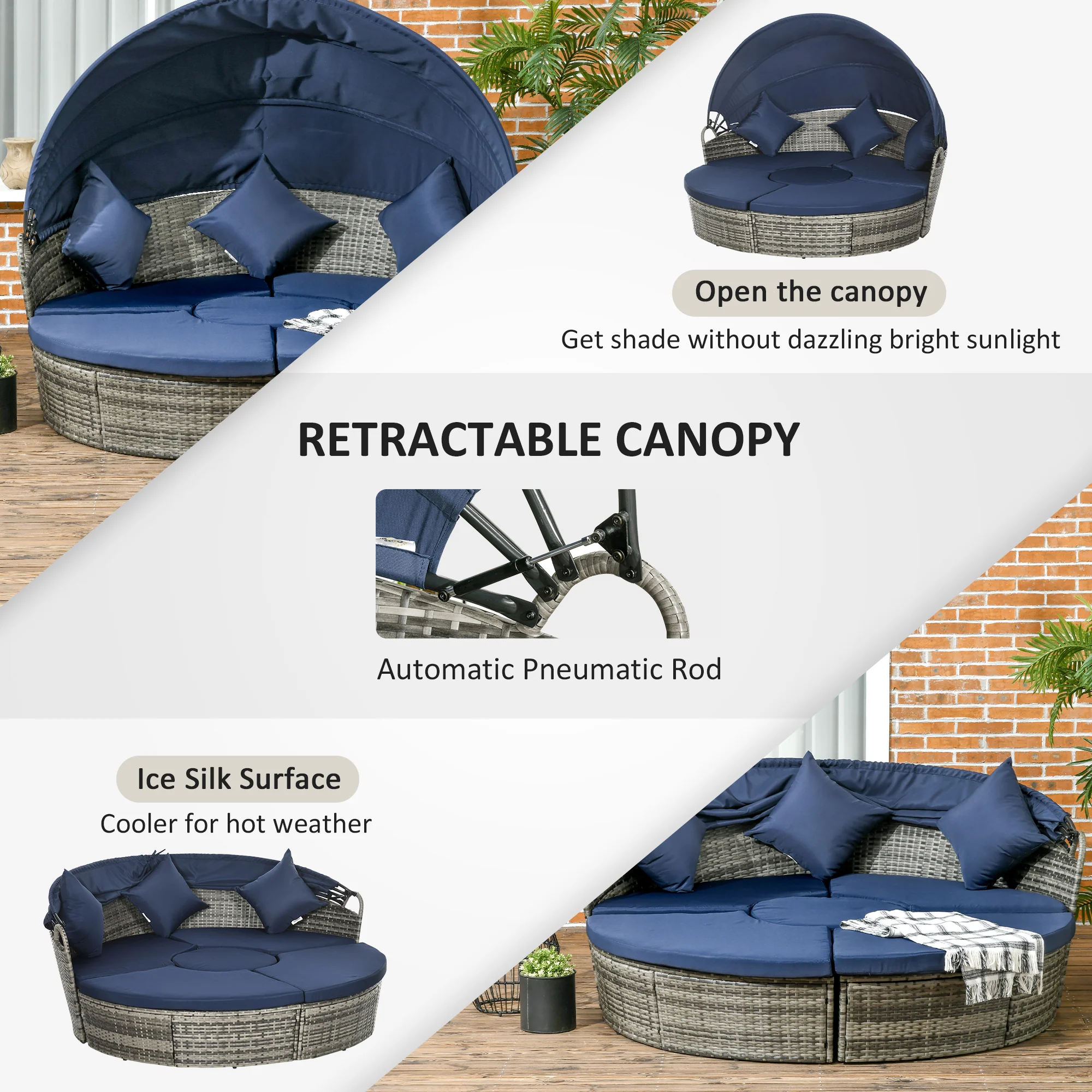 4Pcs Round Outdoor Daybed with Retractable Canopy, PE Rattan Wicker Chair, Dark Blue - Image 7