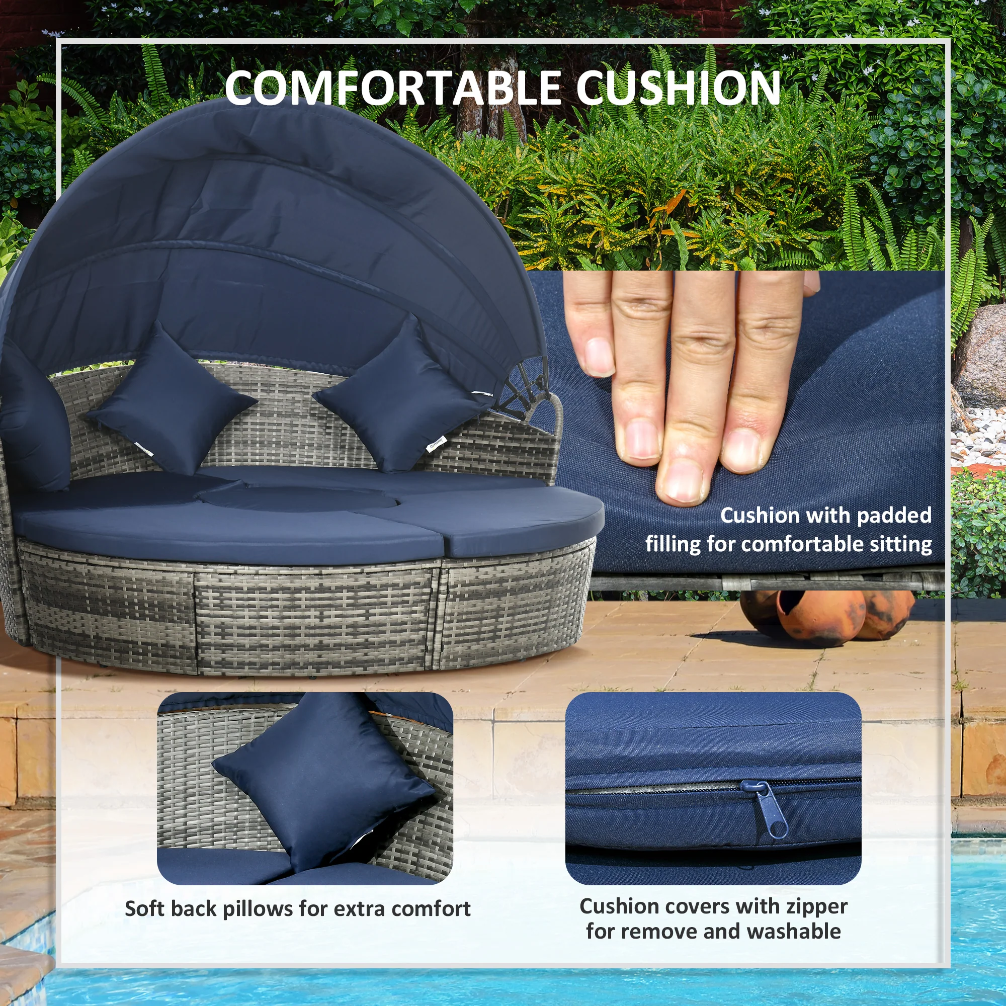 4Pcs Round Outdoor Daybed with Retractable Canopy, PE Rattan Wicker Chair, Dark Blue - Image 8