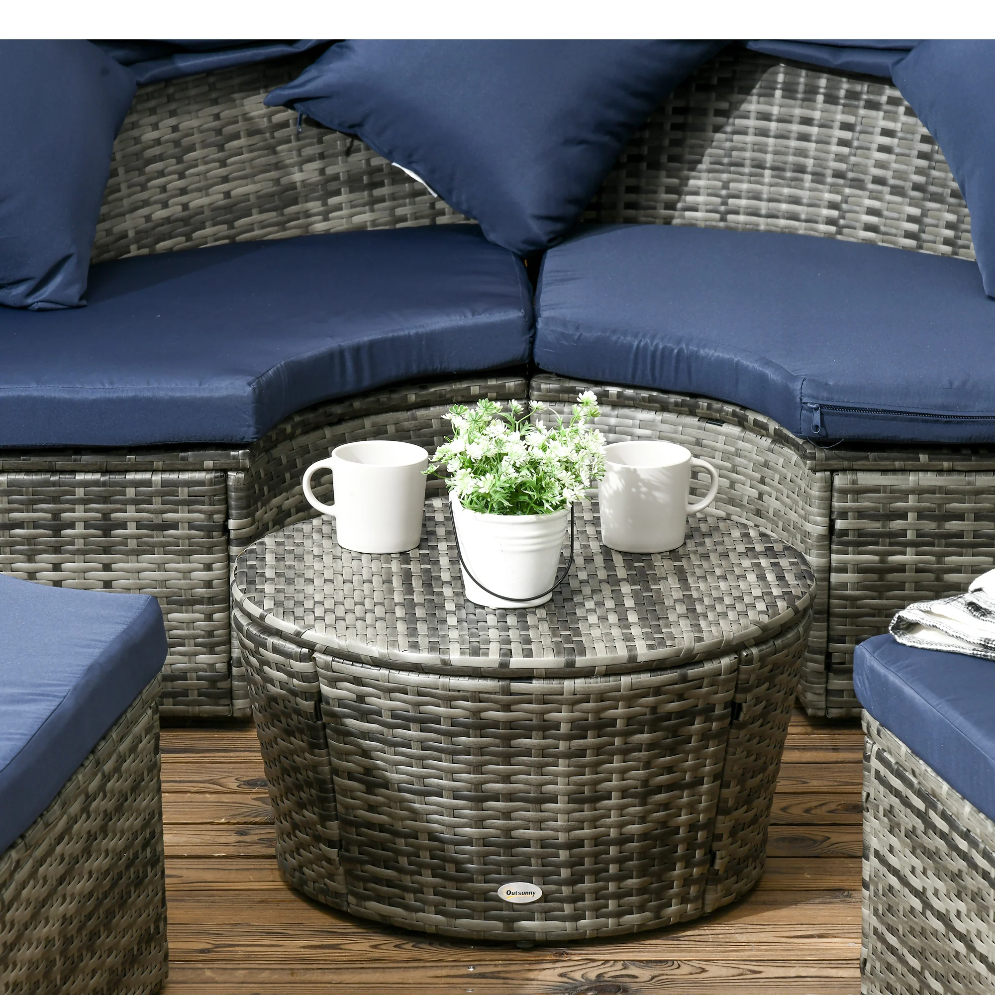4Pcs Round Outdoor Daybed with Retractable Canopy, PE Rattan Wicker Chair, Dark Blue - Image 9