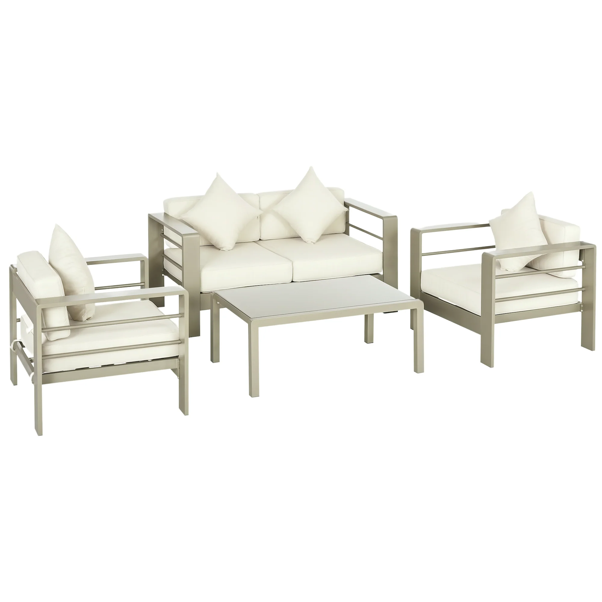 4 Pieces Aluminium Frame Backyard Furniture w/ Loveseat, 2 Chairs & Glass Top Table, Champagne Gold