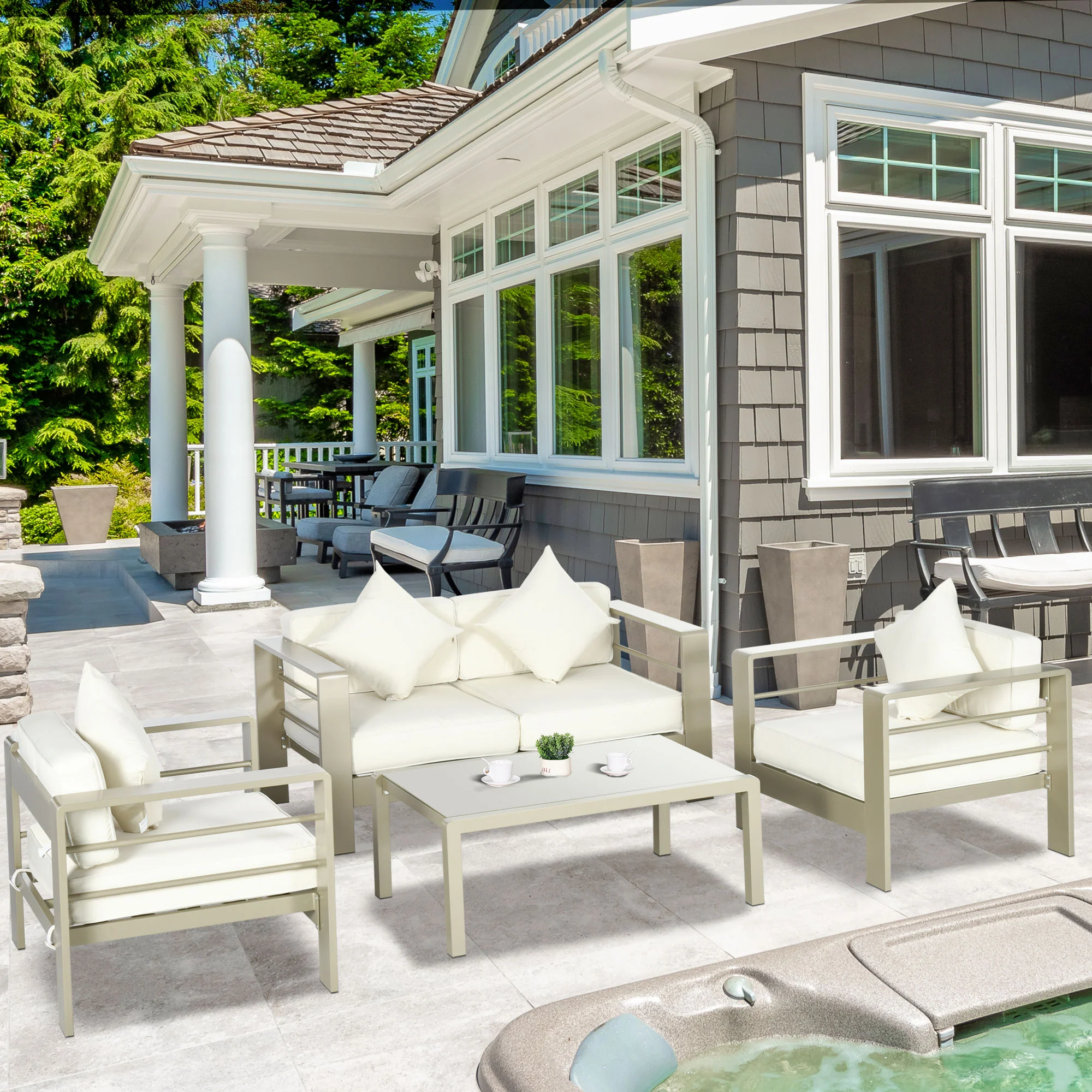 4 Pieces Aluminium Frame Backyard Furniture w/ Loveseat, 2 Chairs & Glass Top Table, Champagne Gold - Image 3