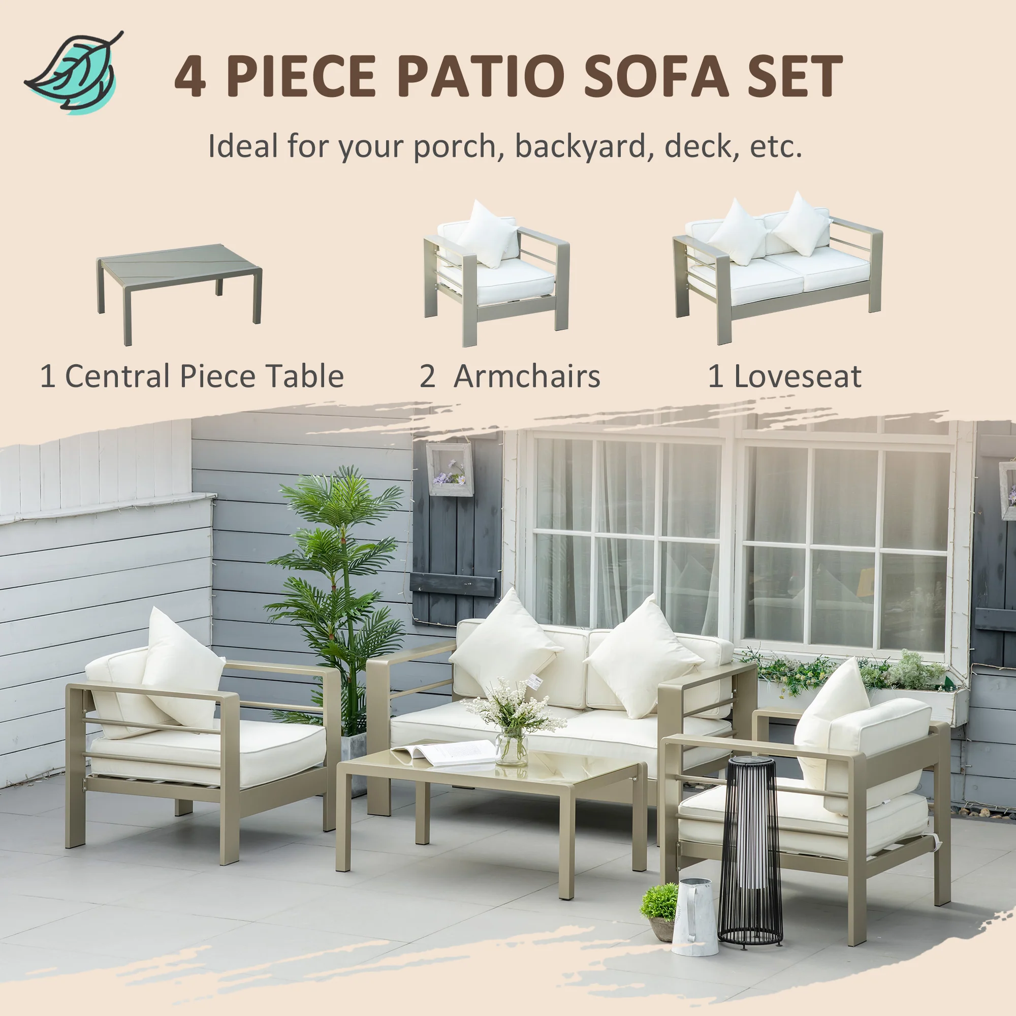 4 Pieces Aluminium Frame Backyard Furniture w/ Loveseat, 2 Chairs & Glass Top Table, Champagne Gold - Image 6